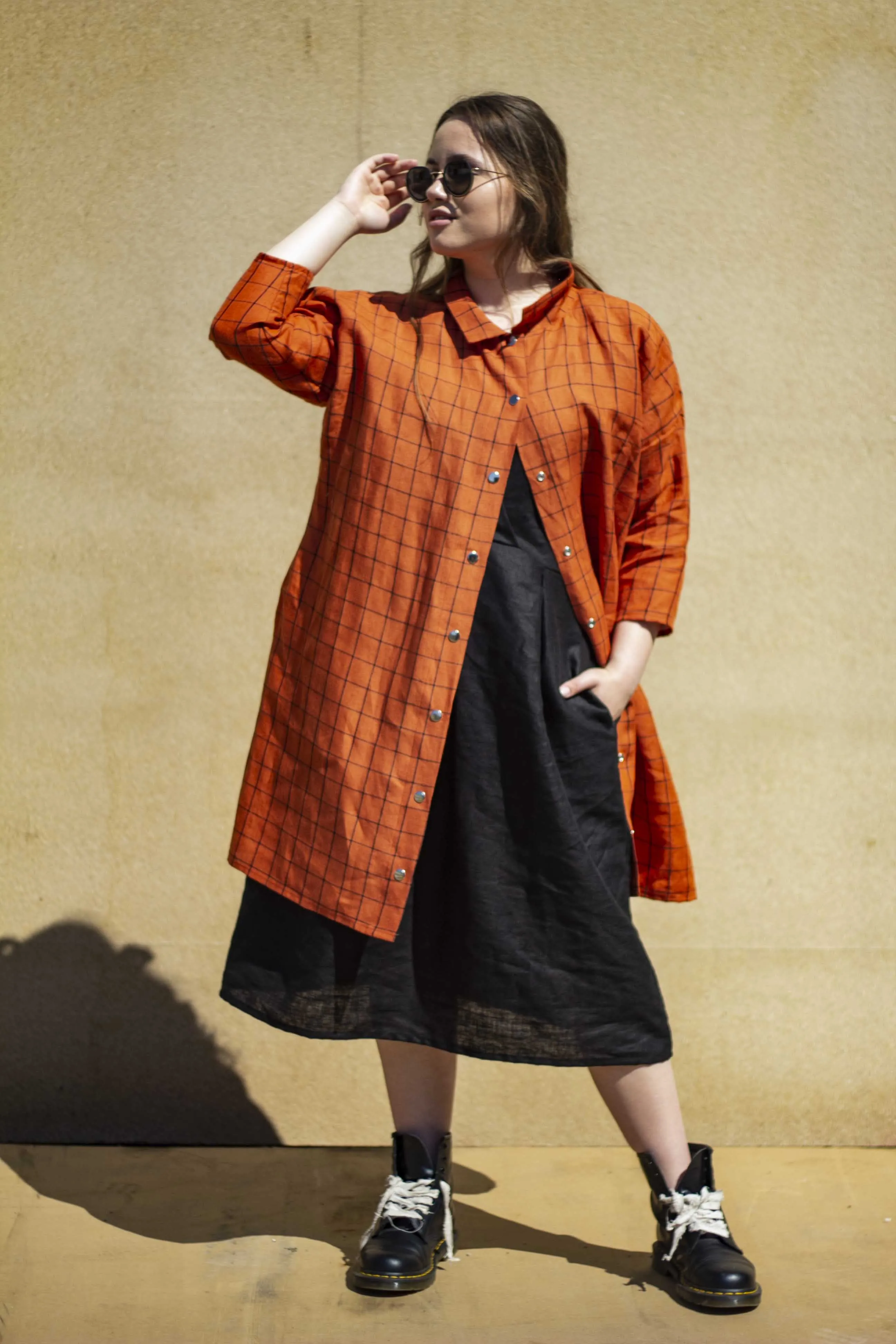 100% Linen 3/4 Sleeve Classic Dress Orange Check