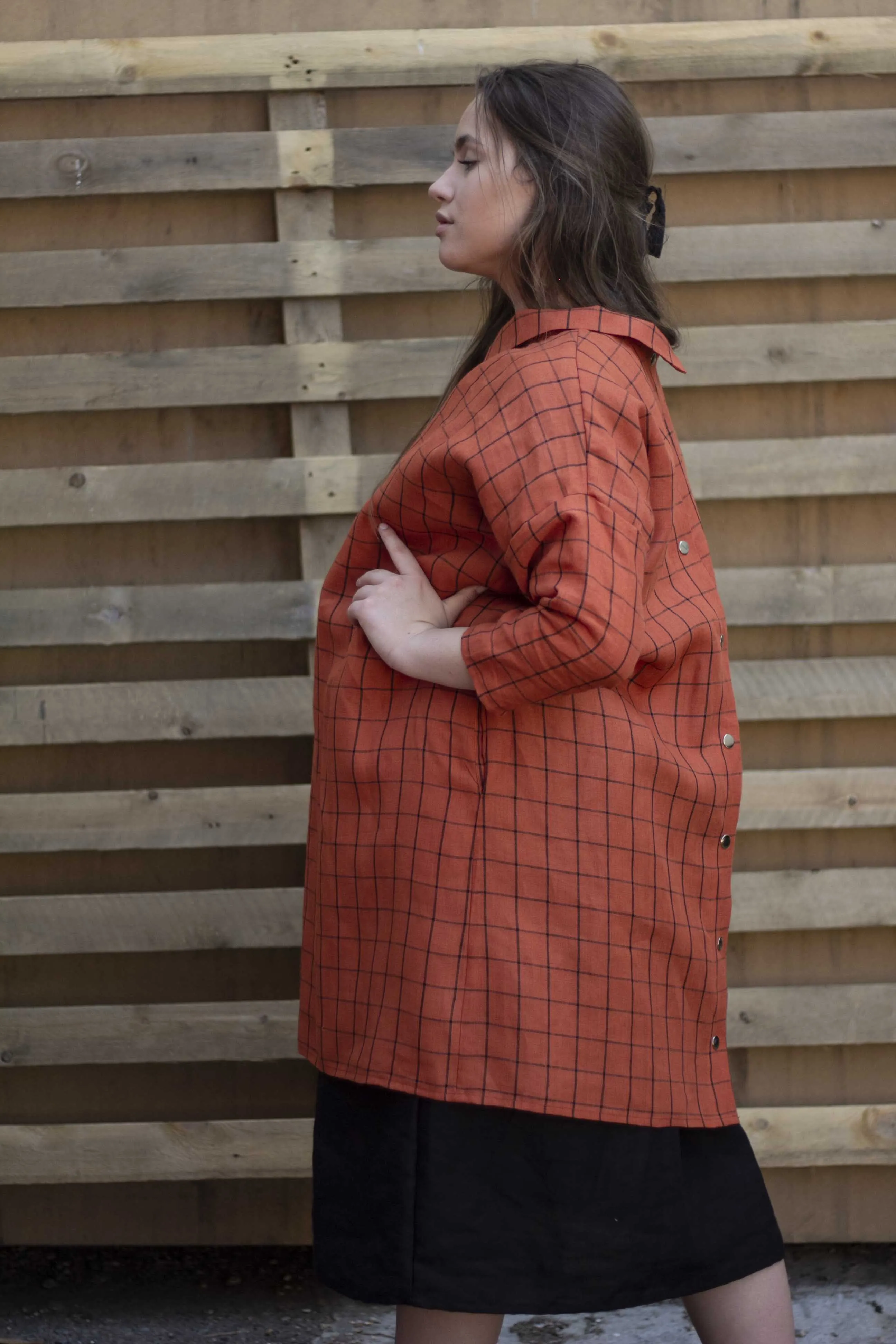 100% Linen 3/4 Sleeve Classic Dress Orange Check