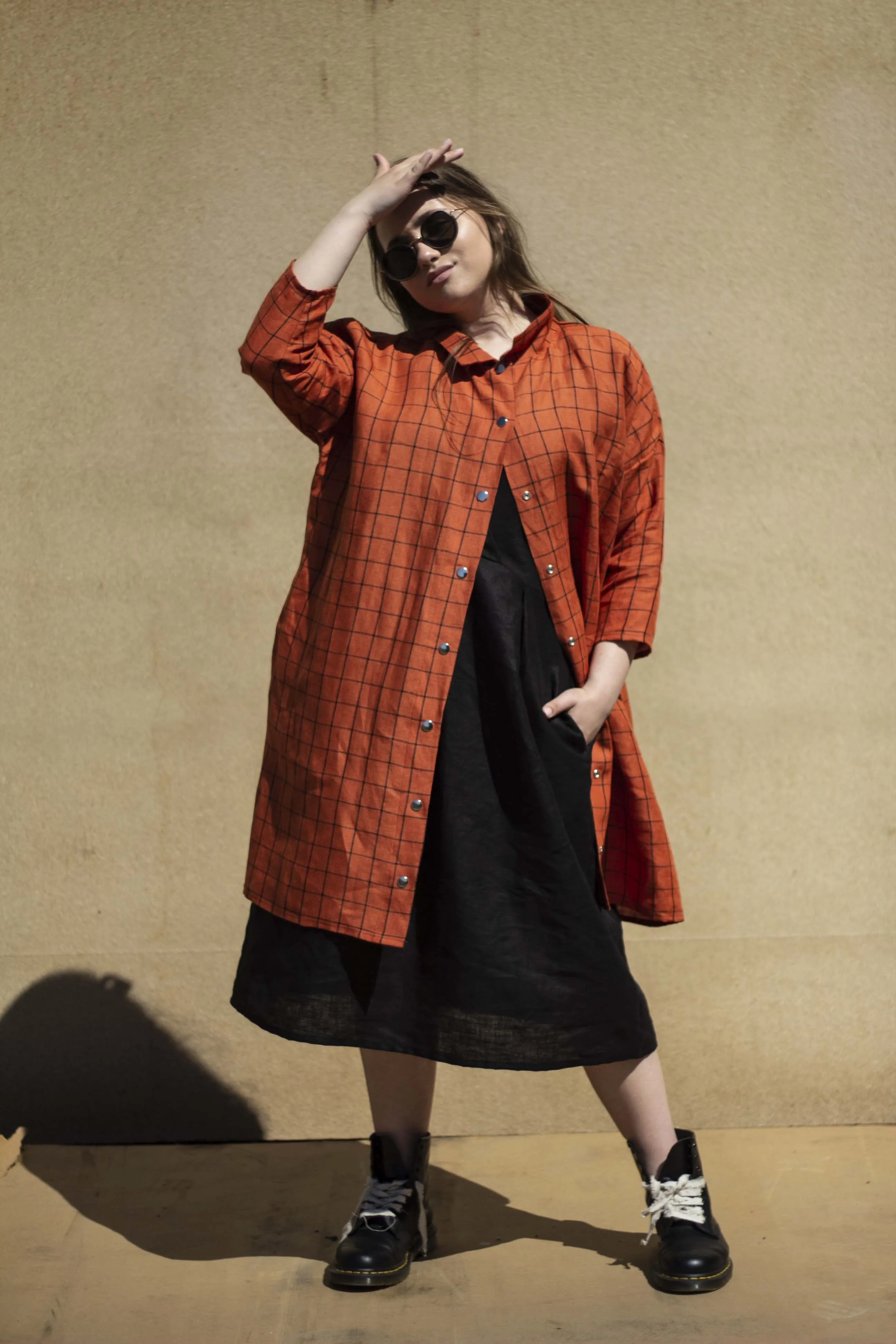 100% Linen 3/4 Sleeve Classic Dress Orange Check