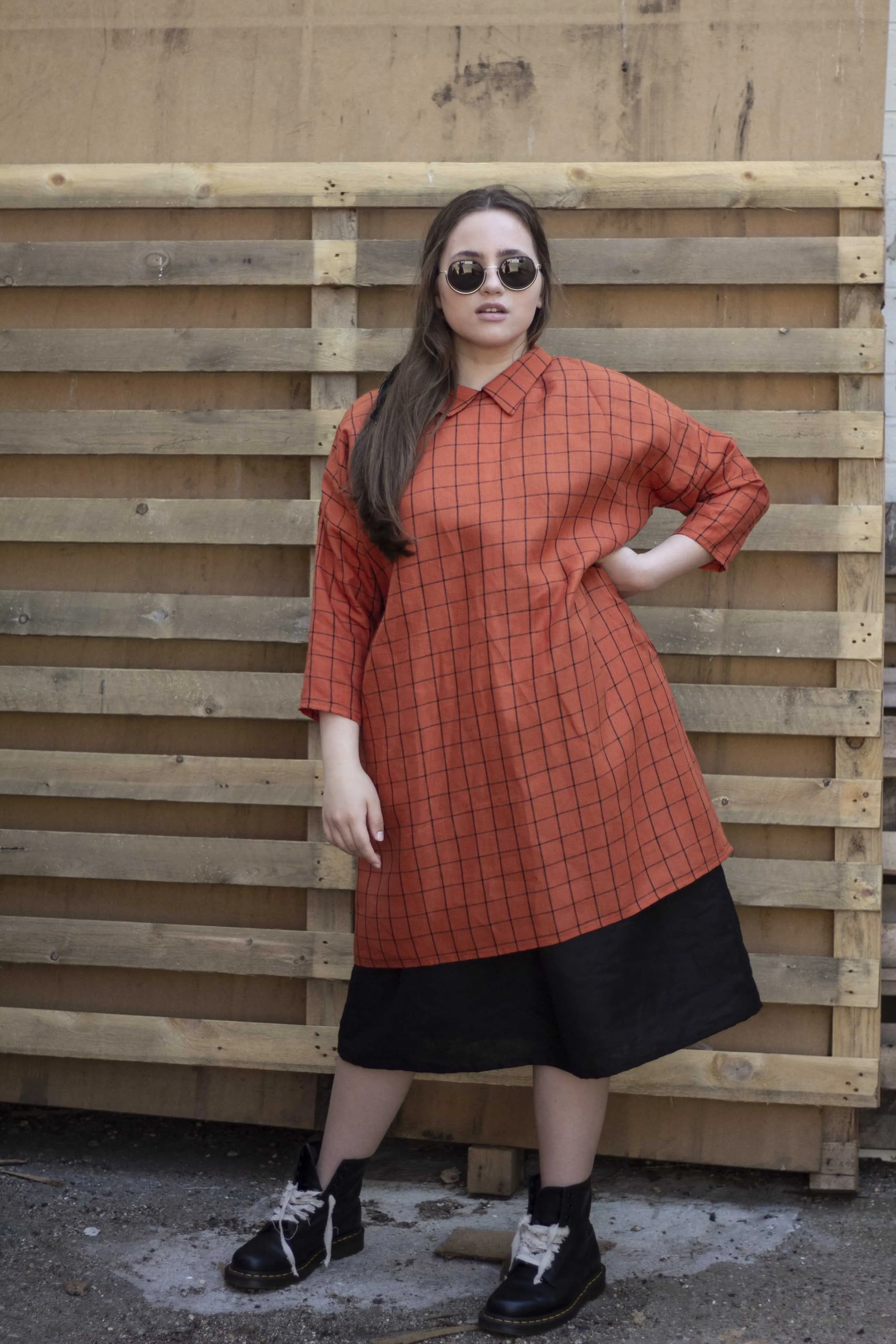 100% Linen 3/4 Sleeve Classic Dress Orange Check