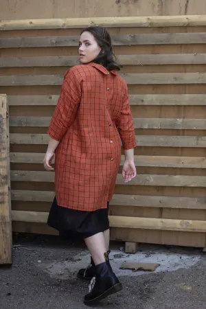 100% Linen 3/4 Sleeve Classic Dress Orange Check