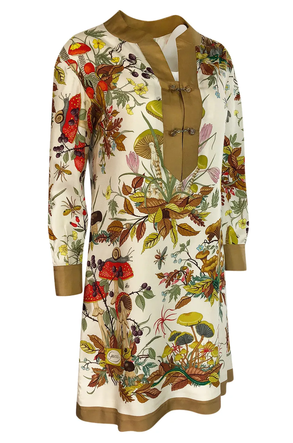 1970s Gucci Ad Campaign Flora Fauna Screen Printed Silk Shift Dress