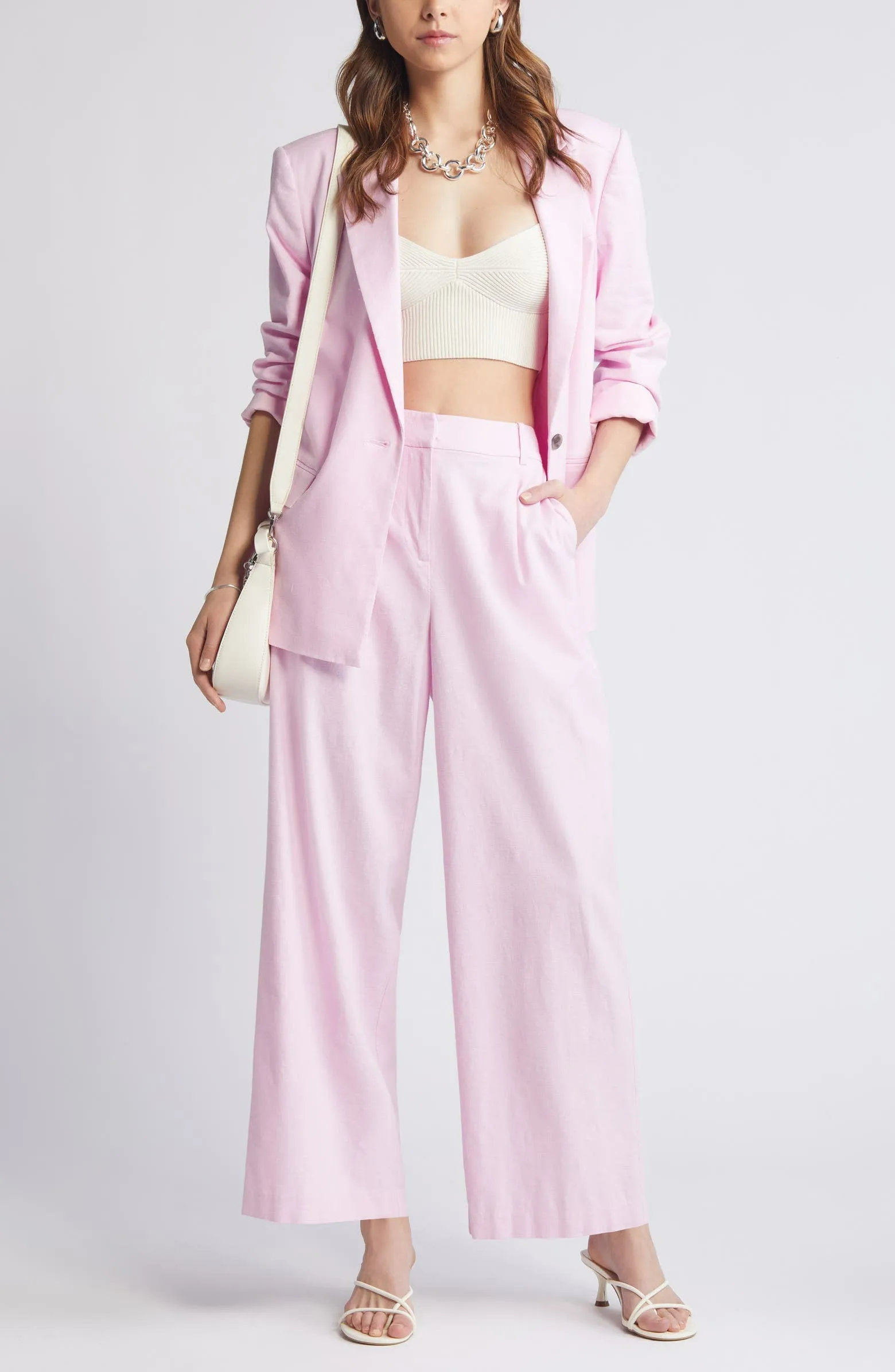 2 Piece Spring Summer Casual Single Buttons Women's Linen Suit (Blazer Pants)