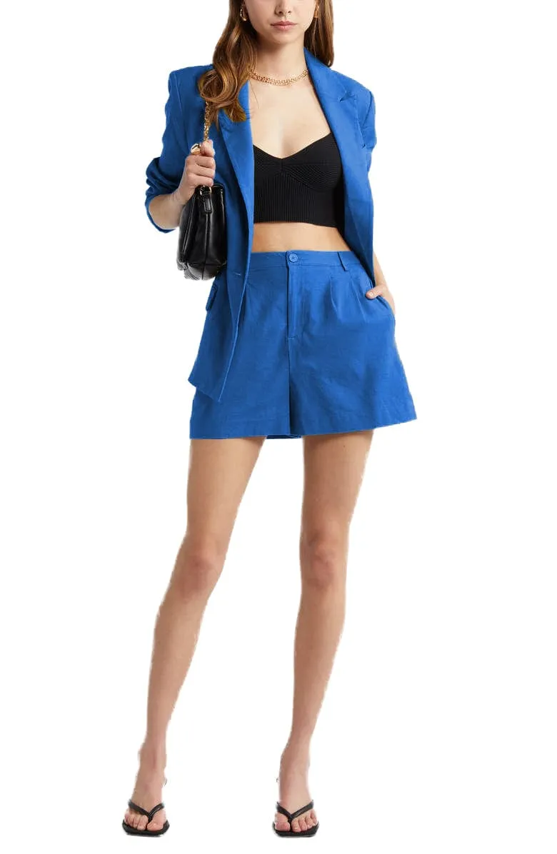 2 Piece Summer Fashion Slim Single Buttons Linen Women's Suit (Blazer Shorts)