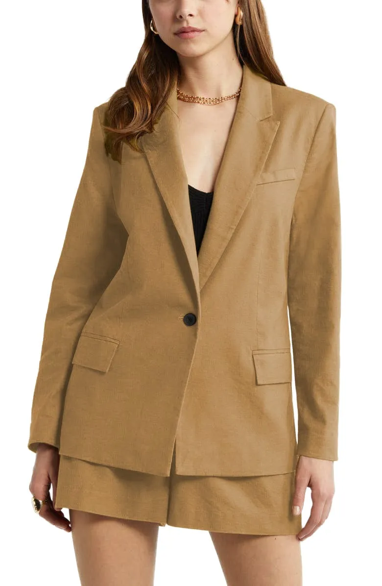2 Piece Summer Fashion Slim Single Buttons Linen Women's Suit (Blazer Shorts)