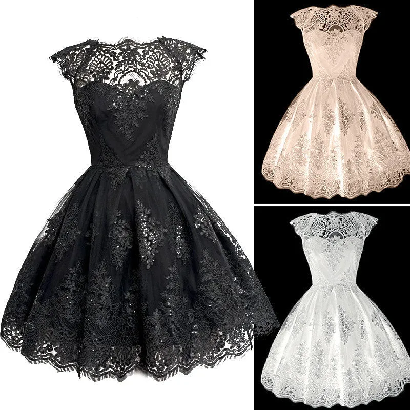 2017 Fashion Women Clothing Elegant ShortSleeve Black/White Lace Dress Vestidos Formal Wedding Mini Tutu Party Dresses Q2253