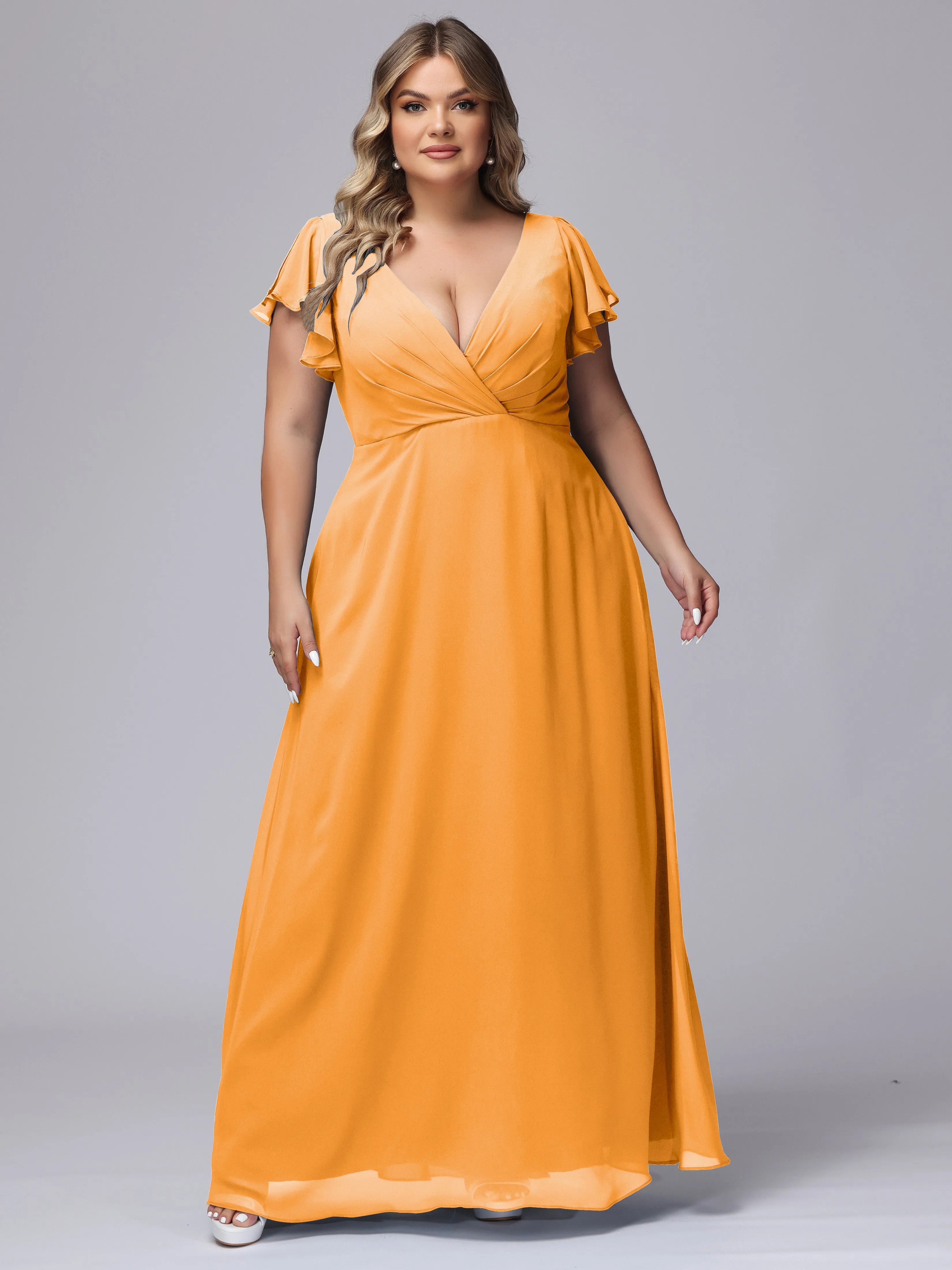A-line Short Sleeves V-neck Chiffon Plus Size Long Bridesmaid Dresses