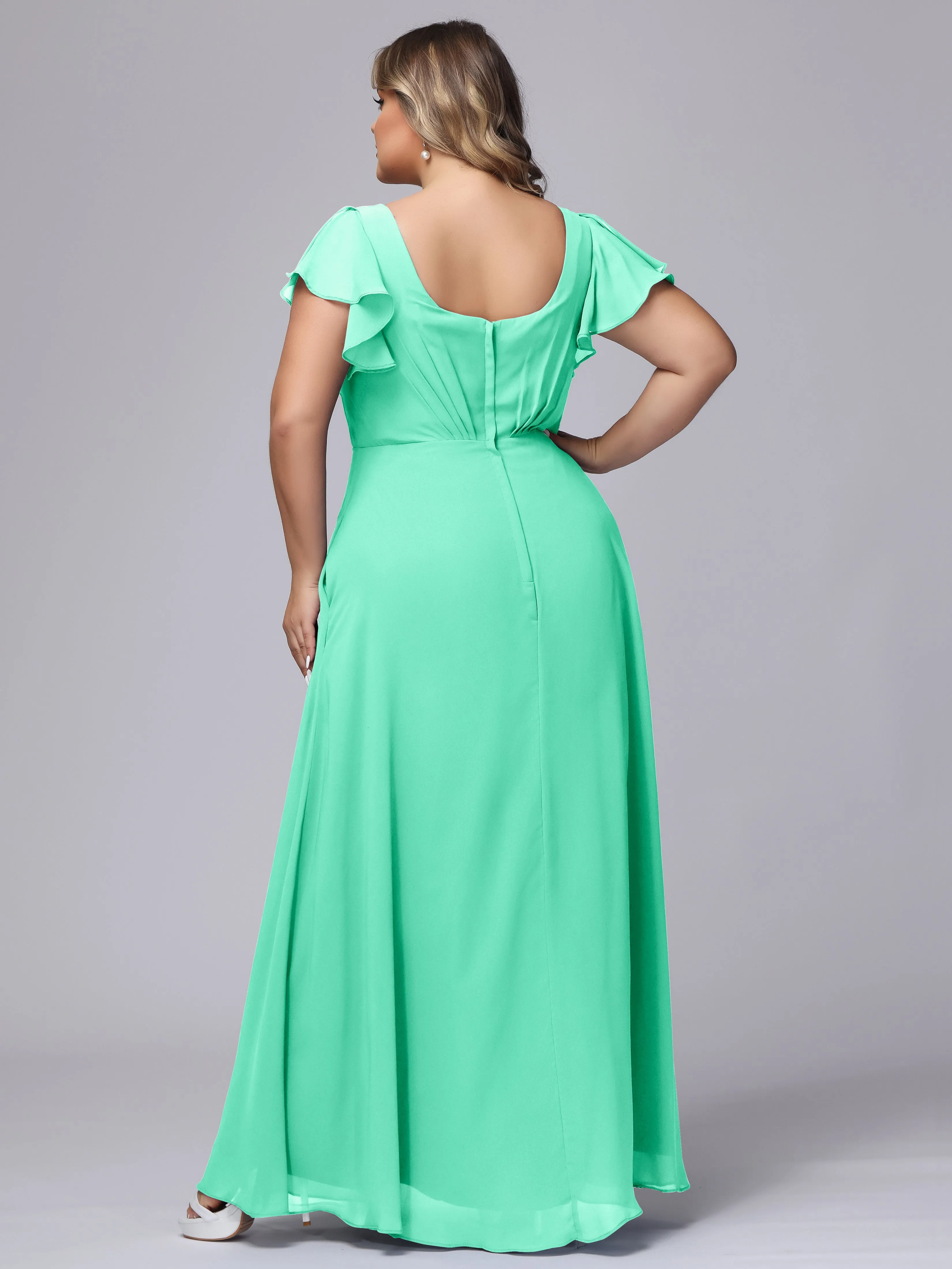 A-line Short Sleeves V-neck Chiffon Plus Size Long Bridesmaid Dresses