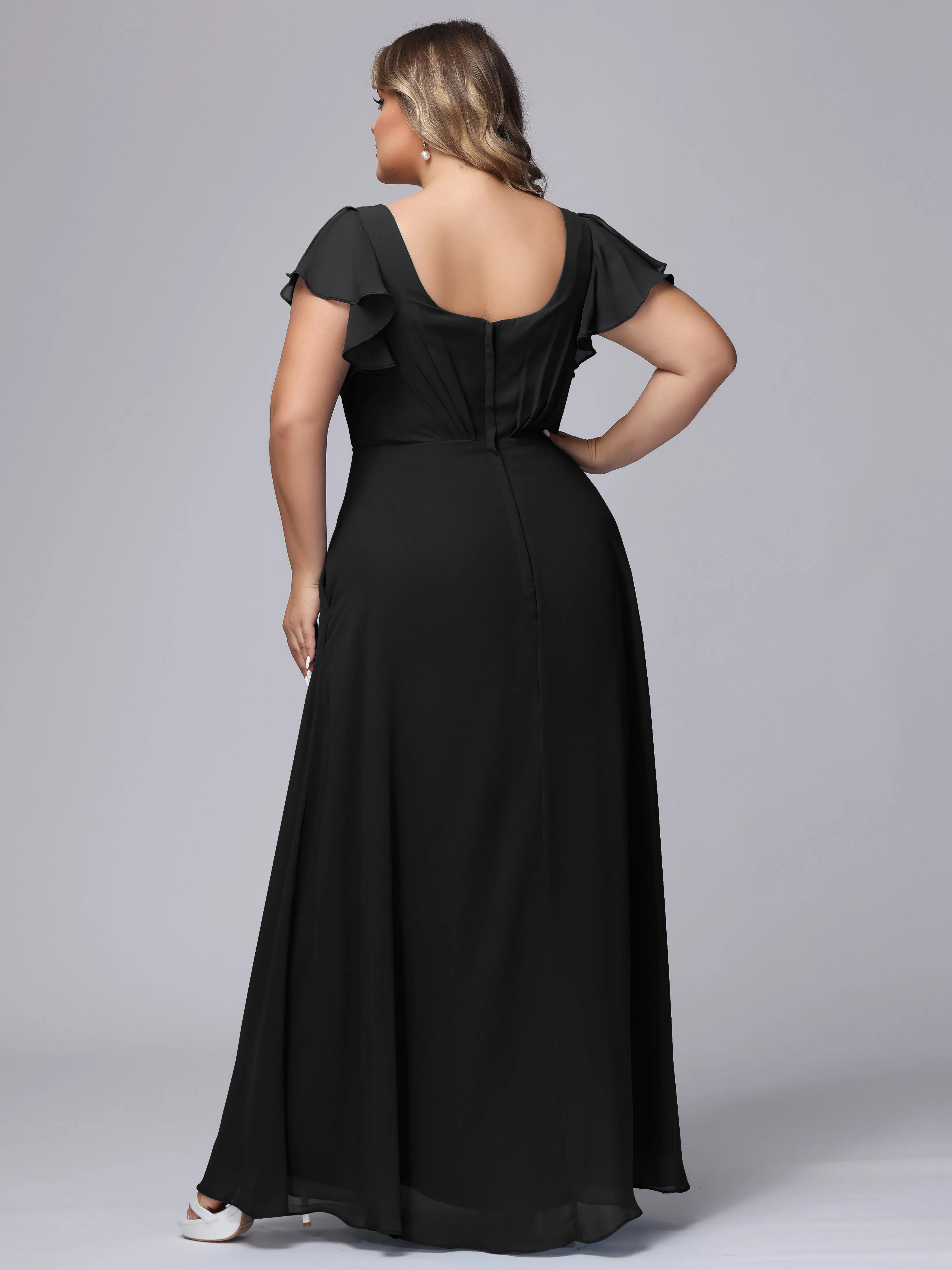 A-line Short Sleeves V-neck Chiffon Plus Size Long Bridesmaid Dresses
