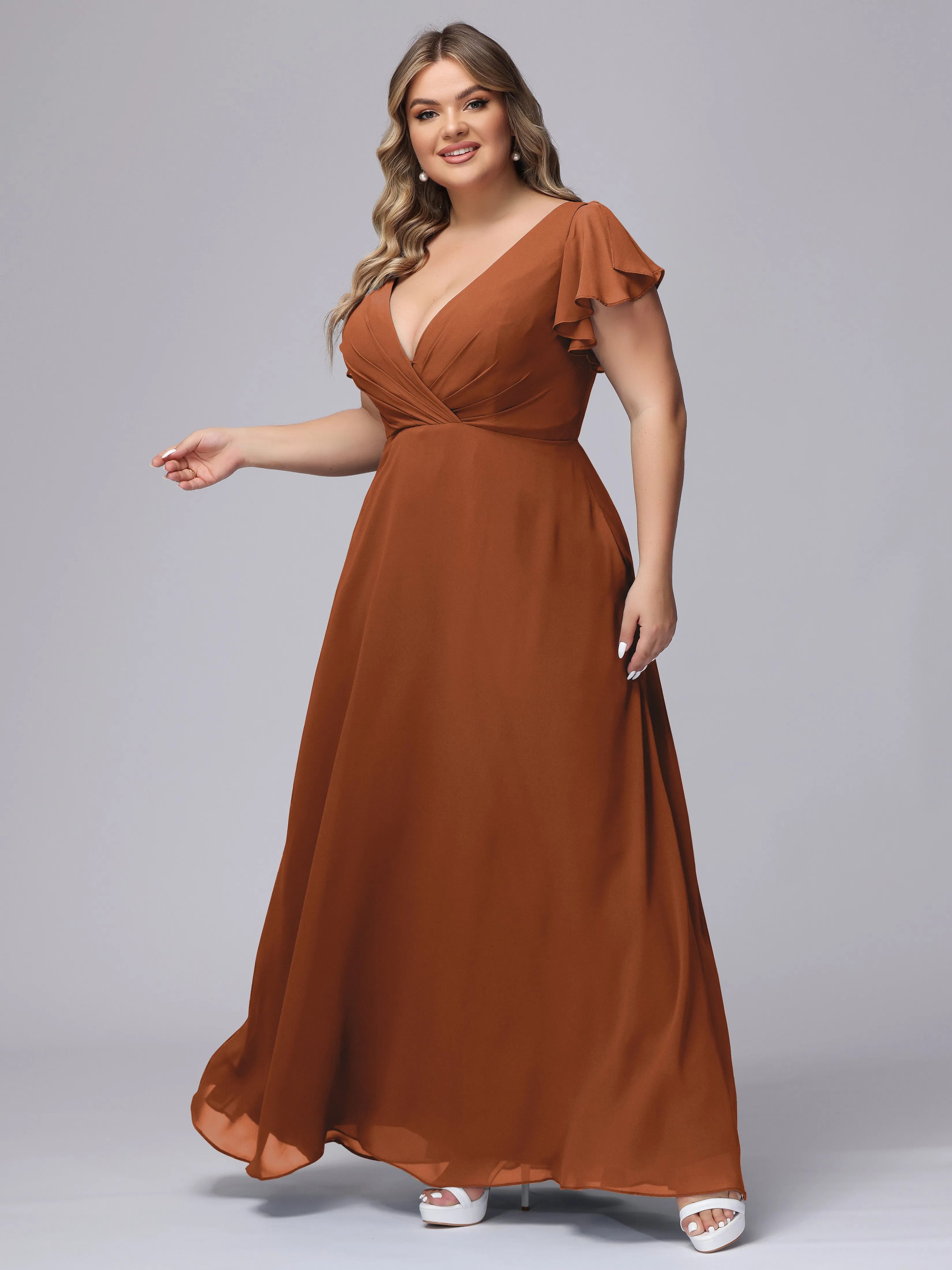 A-line Short Sleeves V-neck Chiffon Plus Size Long Bridesmaid Dresses