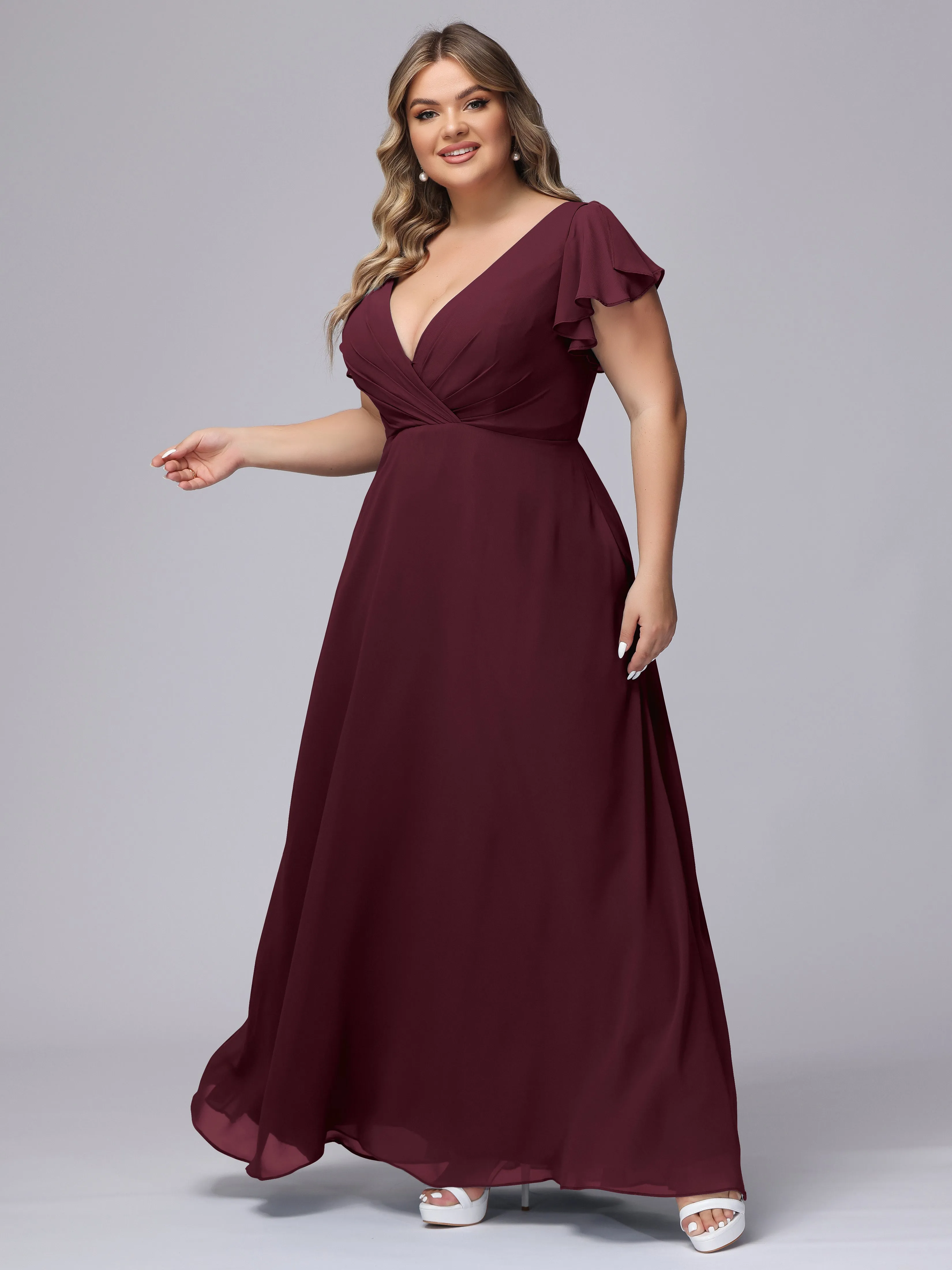 A-line Short Sleeves V-neck Chiffon Plus Size Long Bridesmaid Dresses