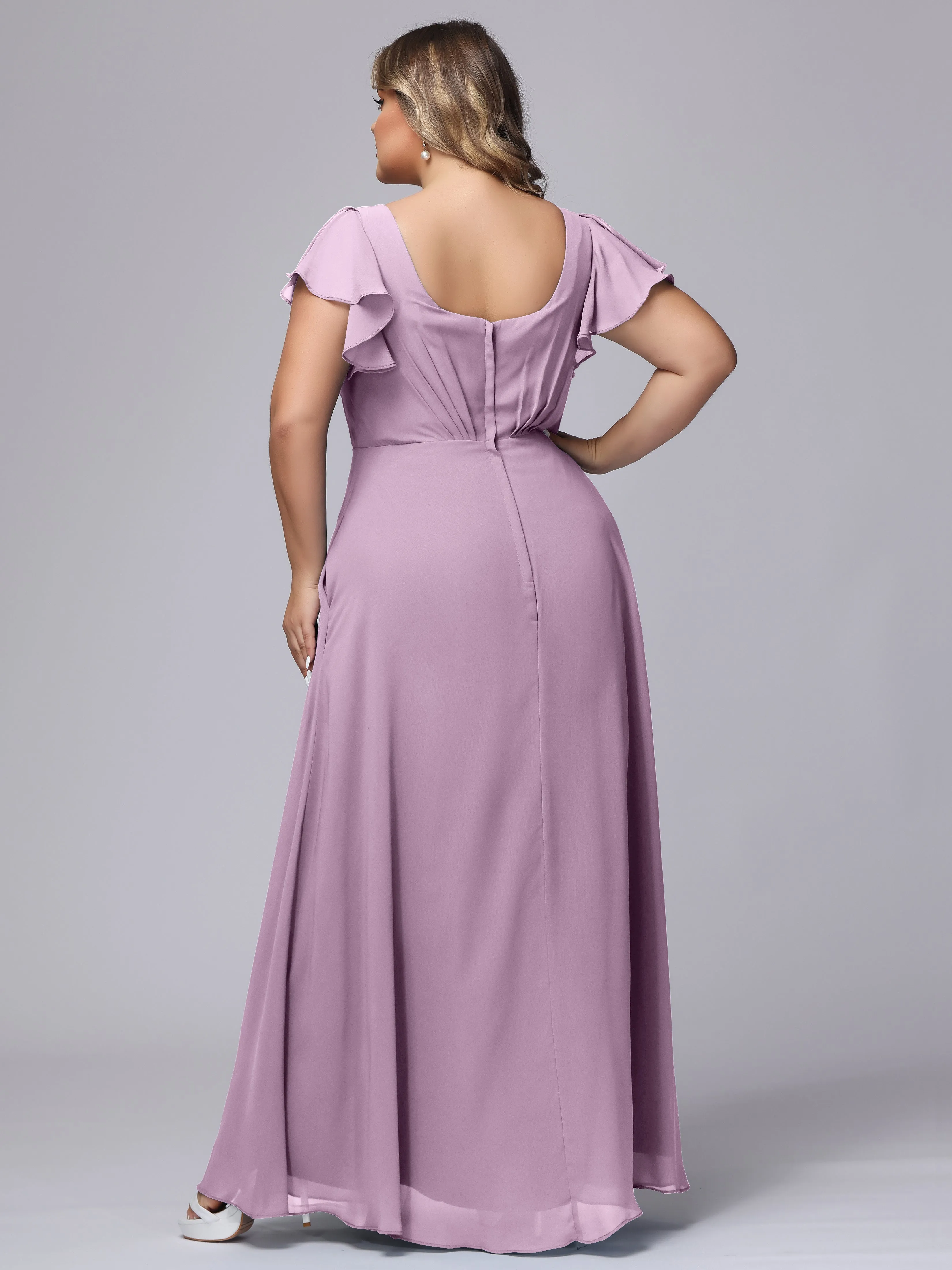 A-line Short Sleeves V-neck Chiffon Plus Size Long Bridesmaid Dresses