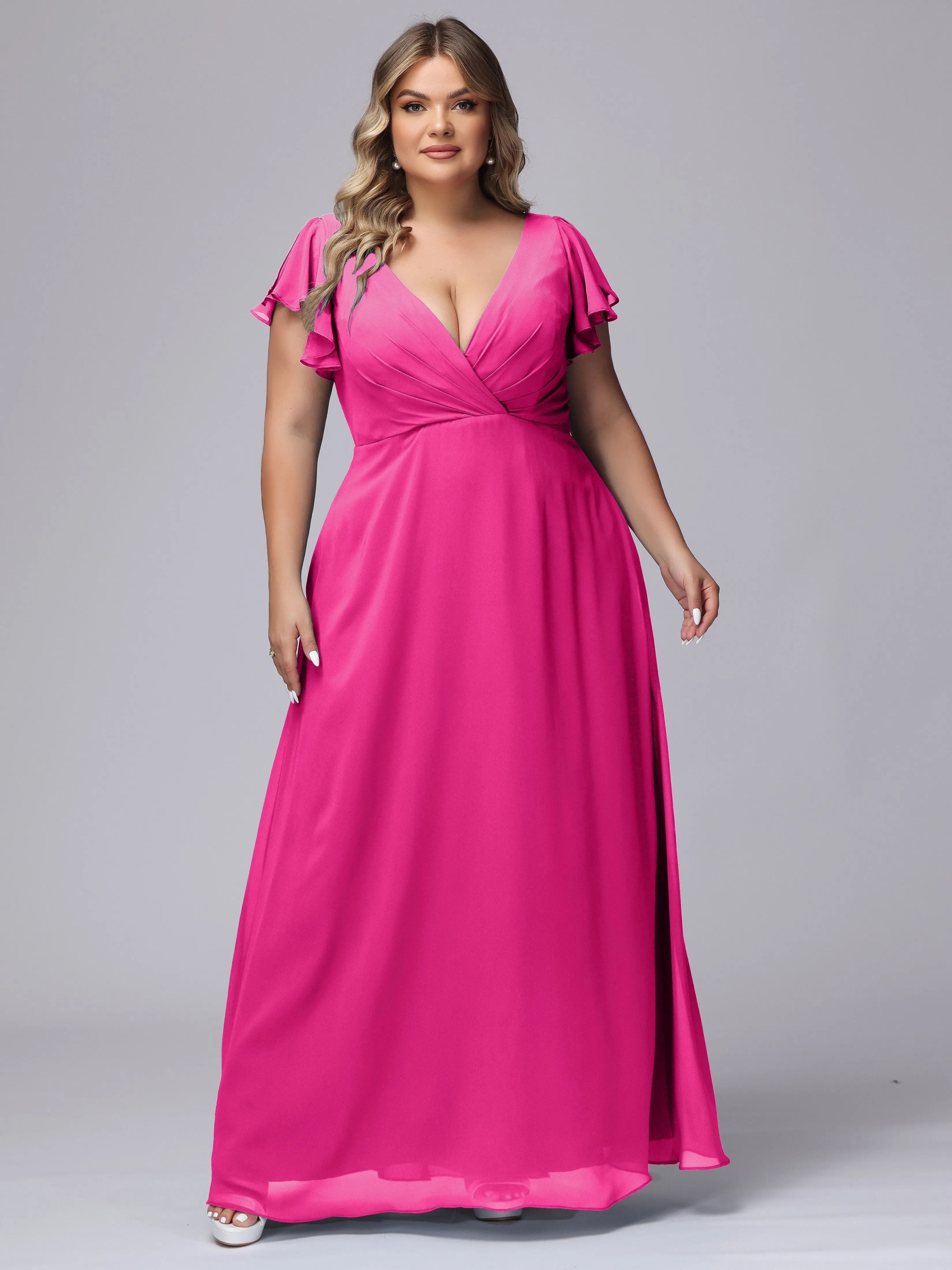A-line Short Sleeves V-neck Chiffon Plus Size Long Bridesmaid Dresses