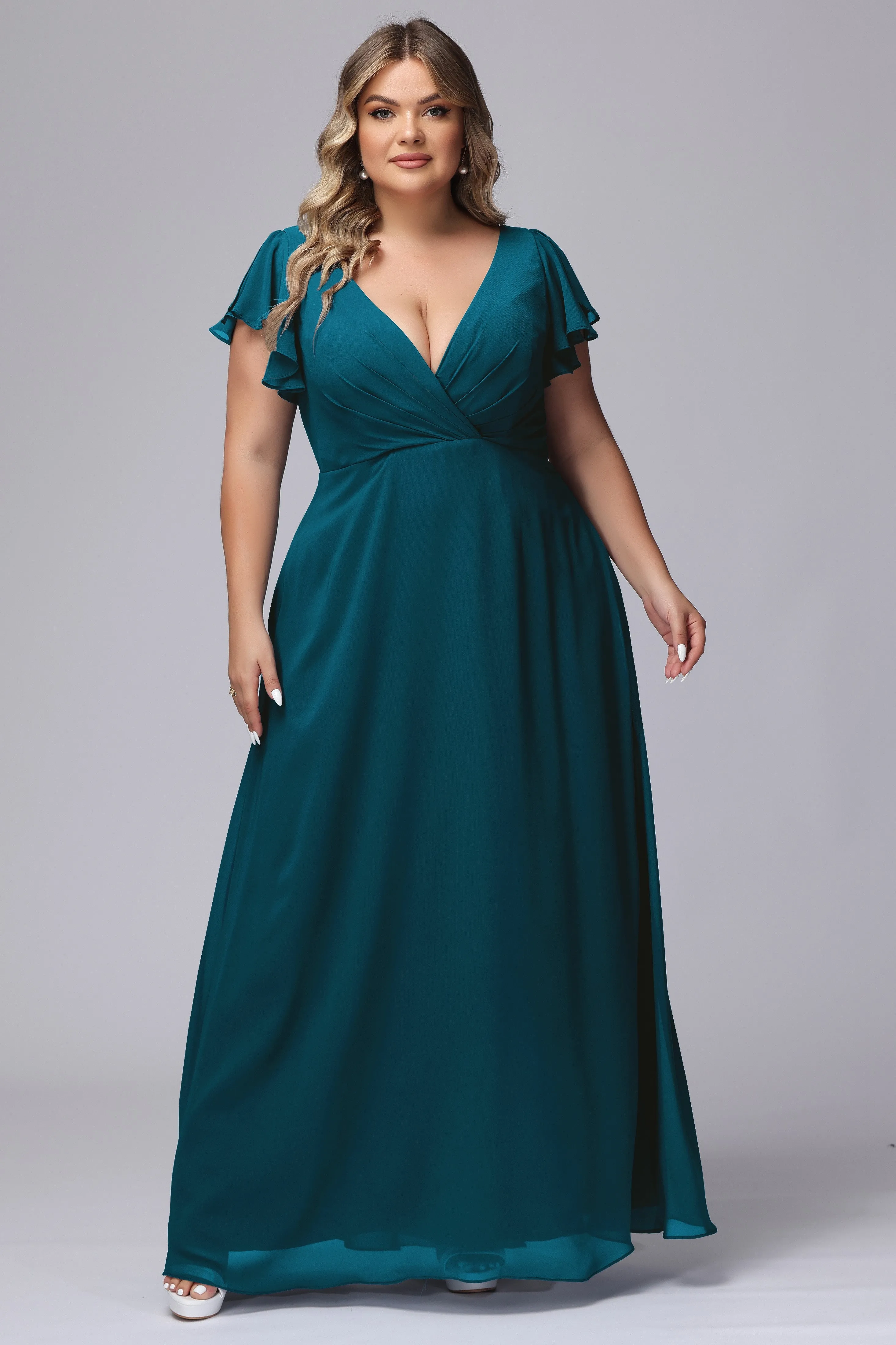 A-line Short Sleeves V-neck Chiffon Plus Size Long Bridesmaid Dresses