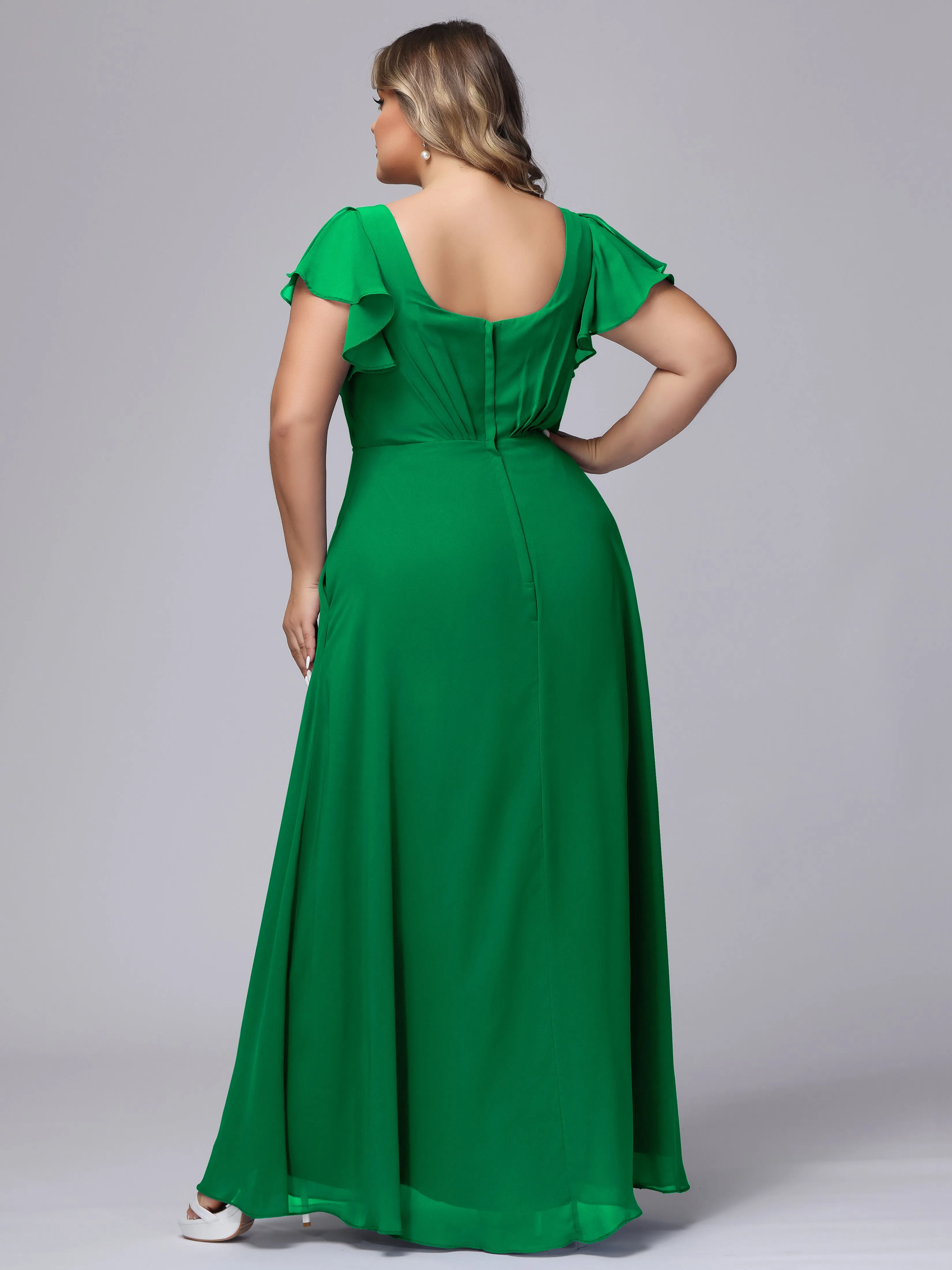A-line Short Sleeves V-neck Chiffon Plus Size Long Bridesmaid Dresses