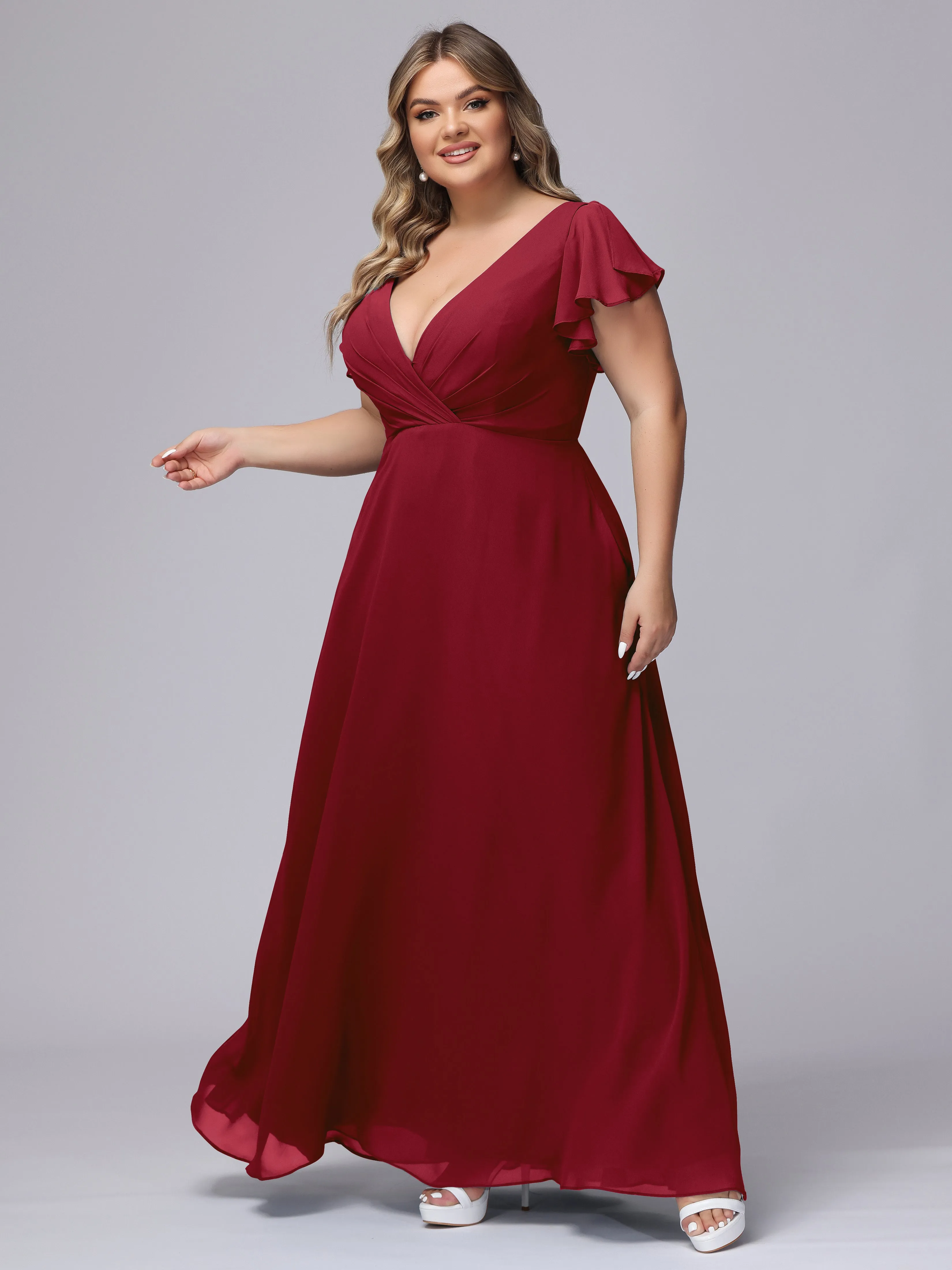 A-line Short Sleeves V-neck Chiffon Plus Size Long Bridesmaid Dresses