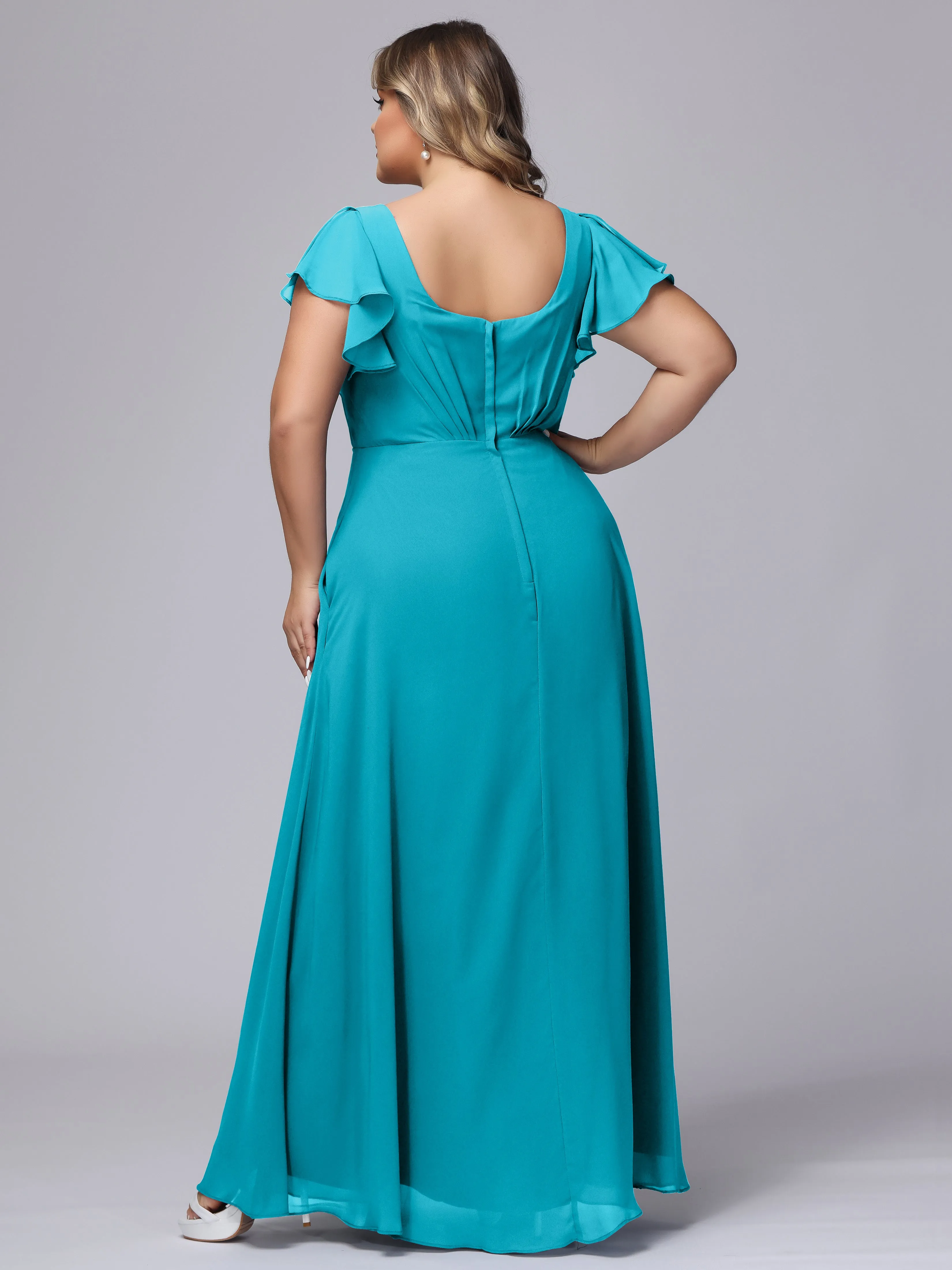 A-line Short Sleeves V-neck Chiffon Plus Size Long Bridesmaid Dresses