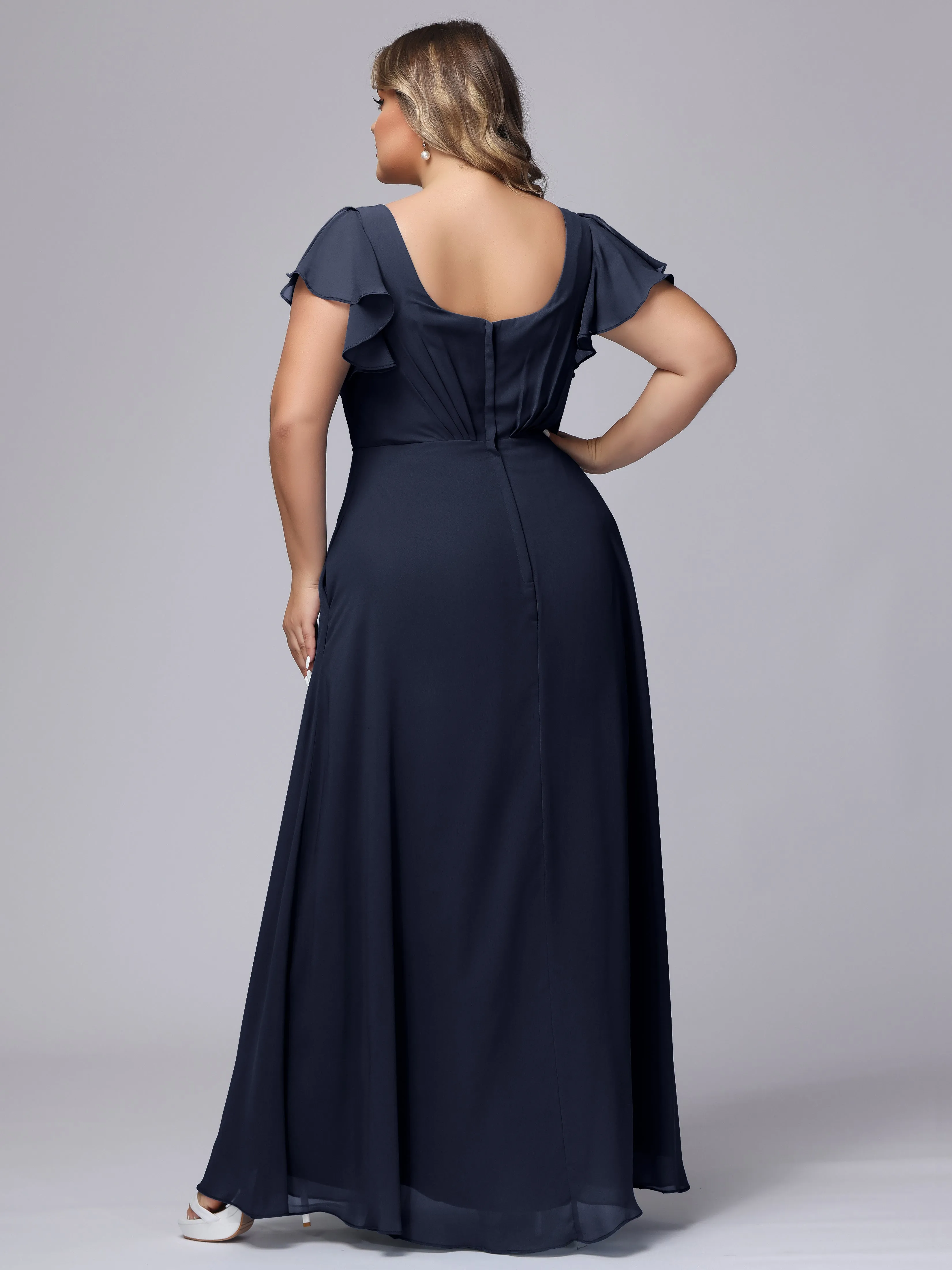 A-line Short Sleeves V-neck Chiffon Plus Size Long Bridesmaid Dresses