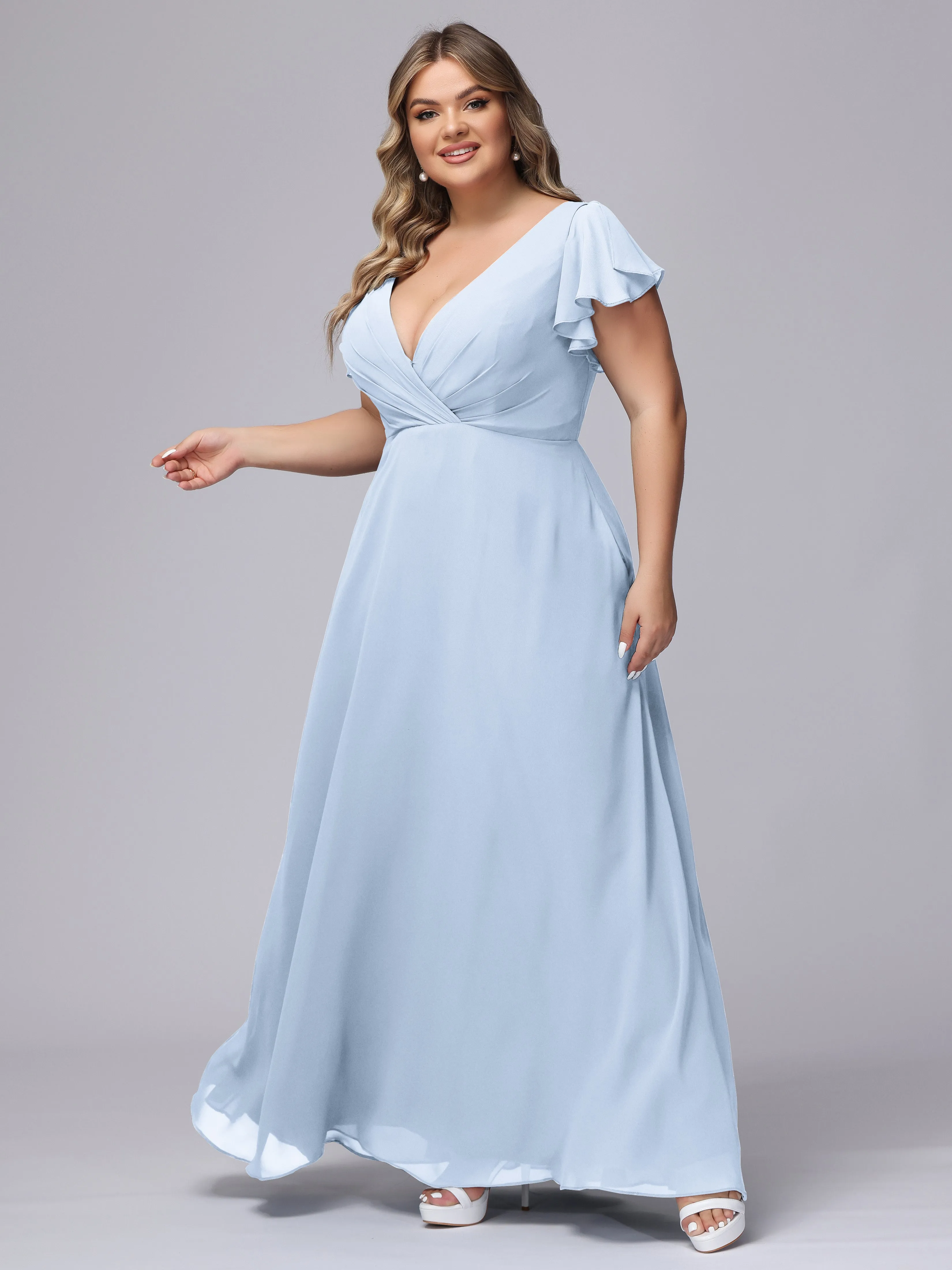 A-line Short Sleeves V-neck Chiffon Plus Size Long Bridesmaid Dresses