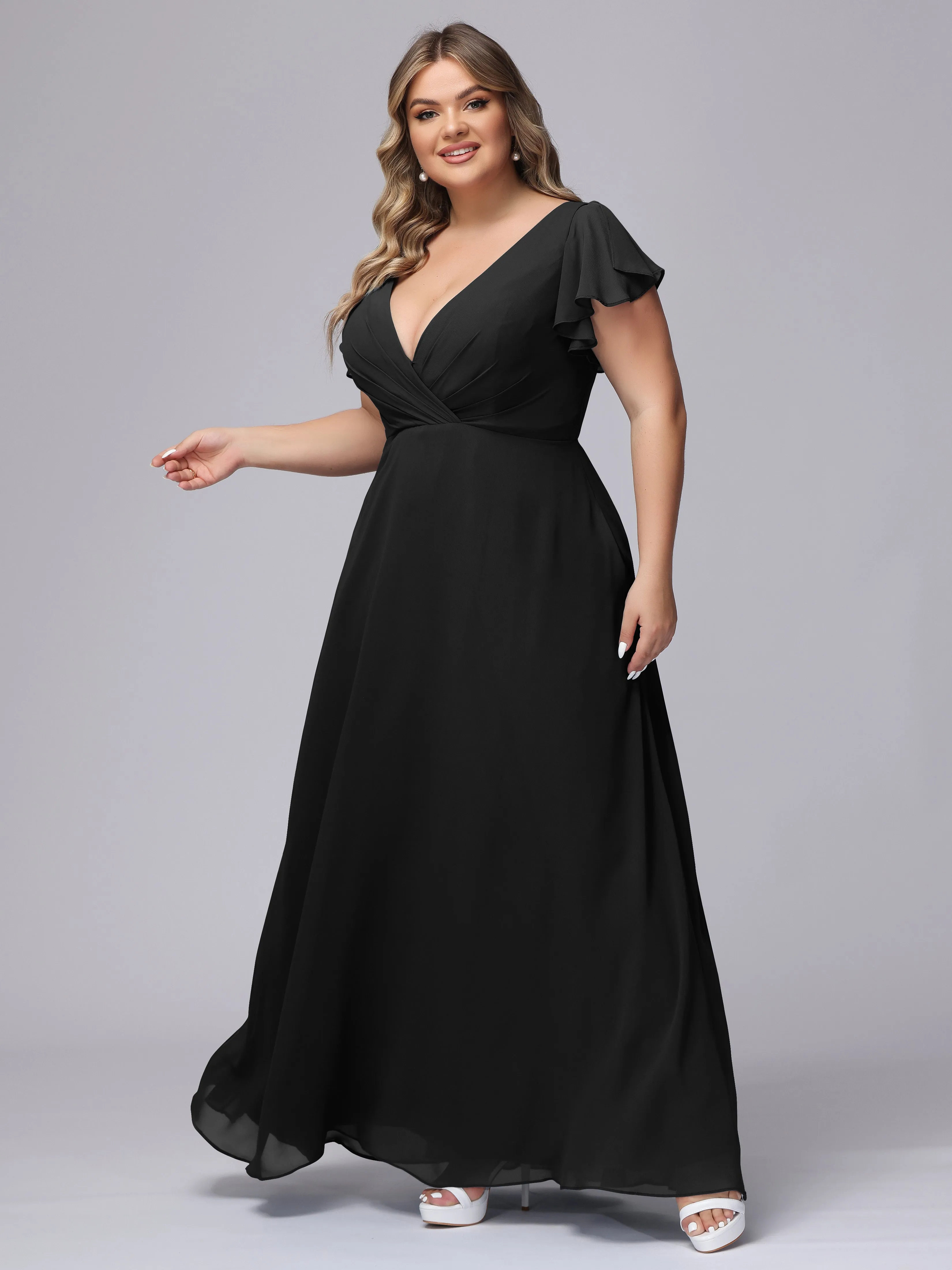 A-line Short Sleeves V-neck Chiffon Plus Size Long Bridesmaid Dresses