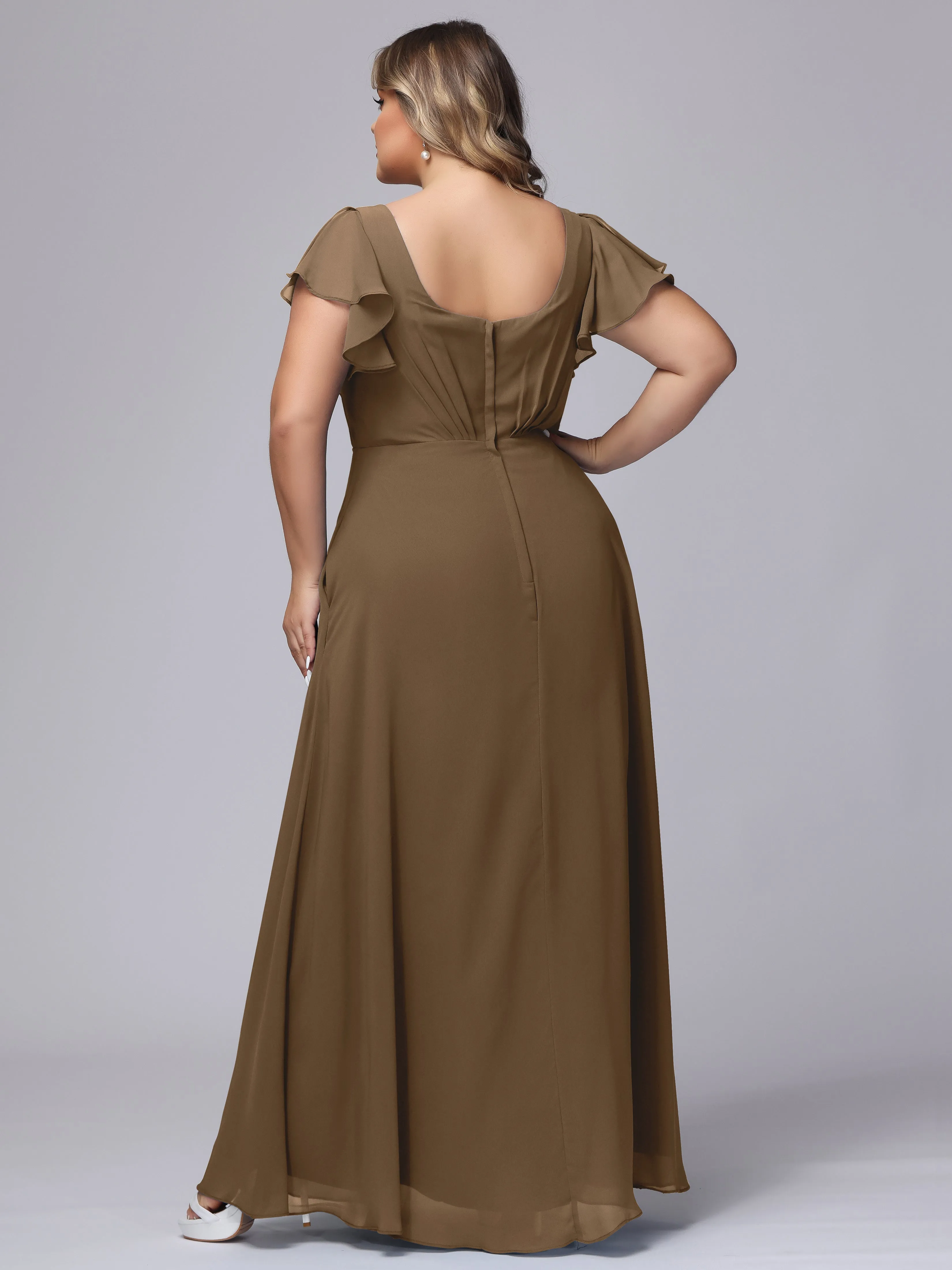 A-line Short Sleeves V-neck Chiffon Plus Size Long Bridesmaid Dresses