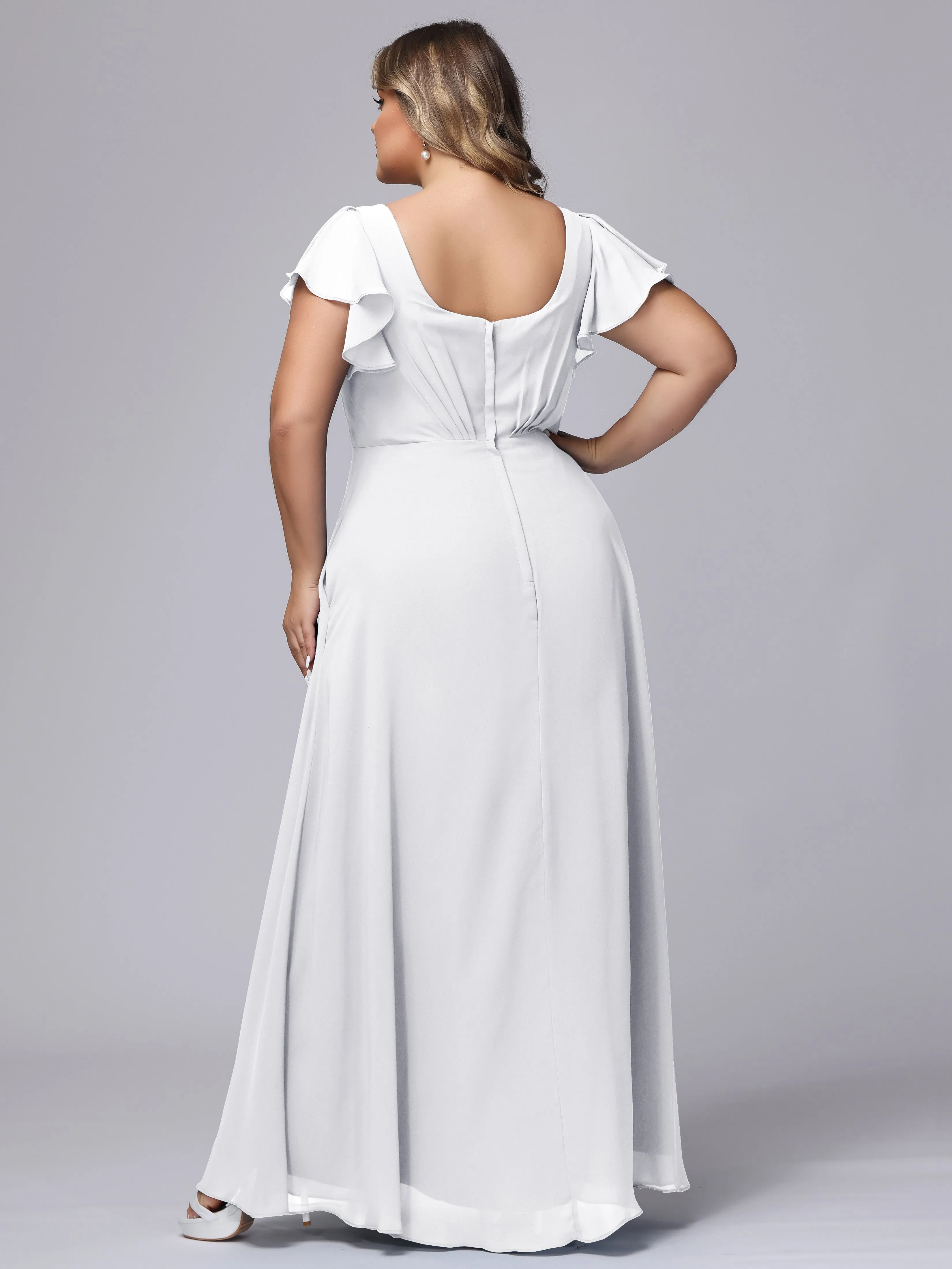 A-line Short Sleeves V-neck Chiffon Plus Size Long Bridesmaid Dresses