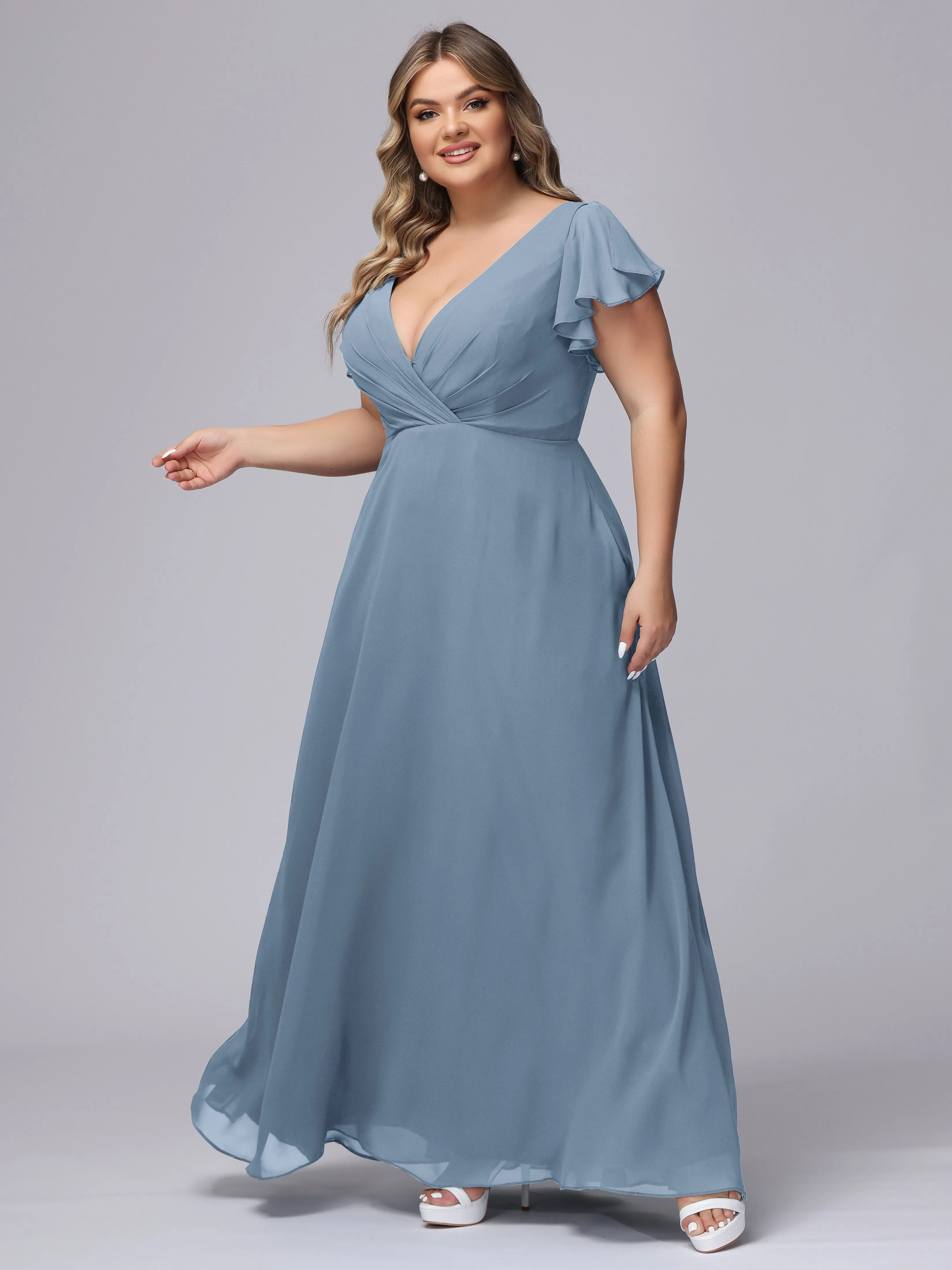 A-line Short Sleeves V-neck Chiffon Plus Size Long Bridesmaid Dresses