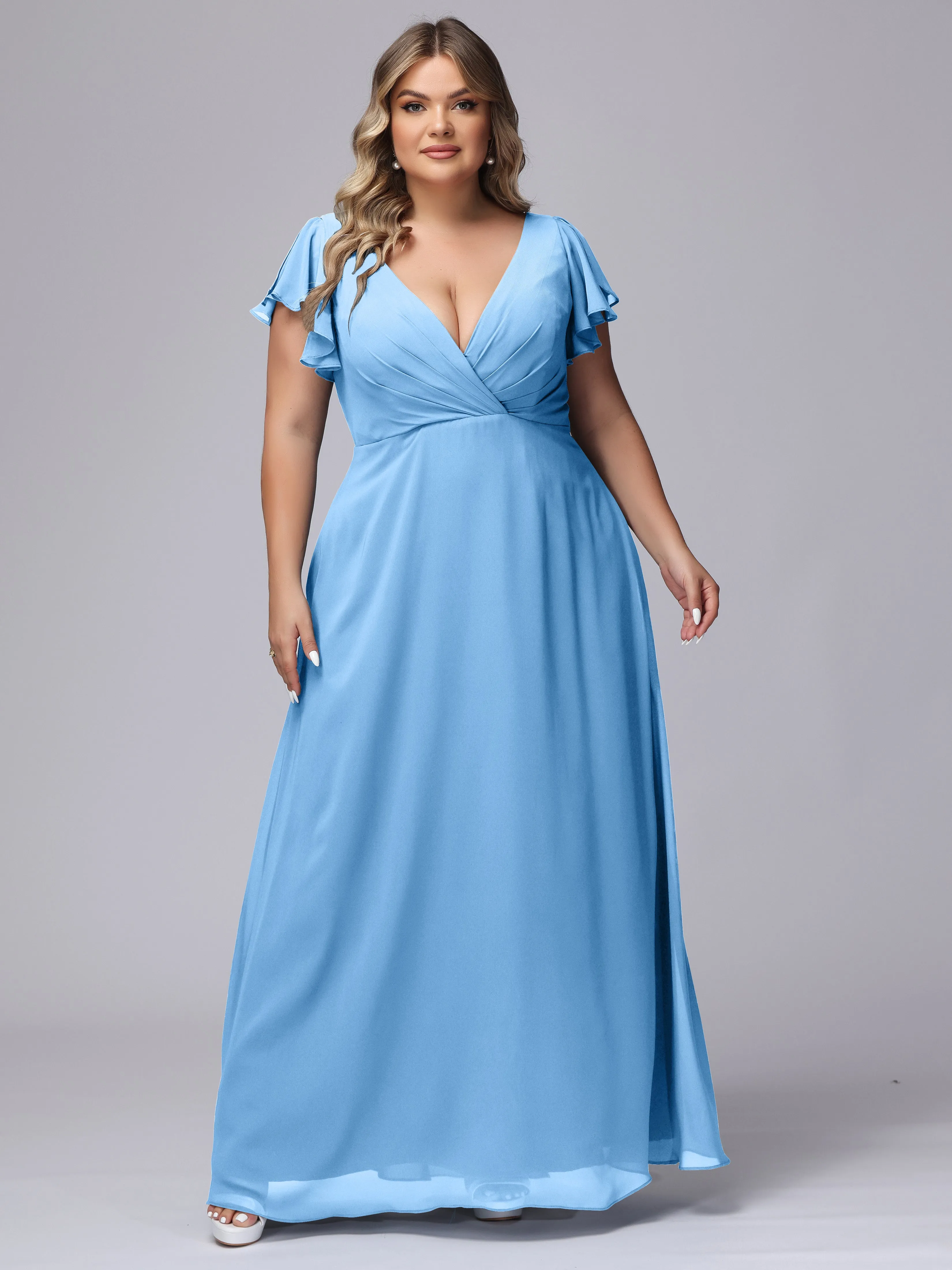 A-line Short Sleeves V-neck Chiffon Plus Size Long Bridesmaid Dresses