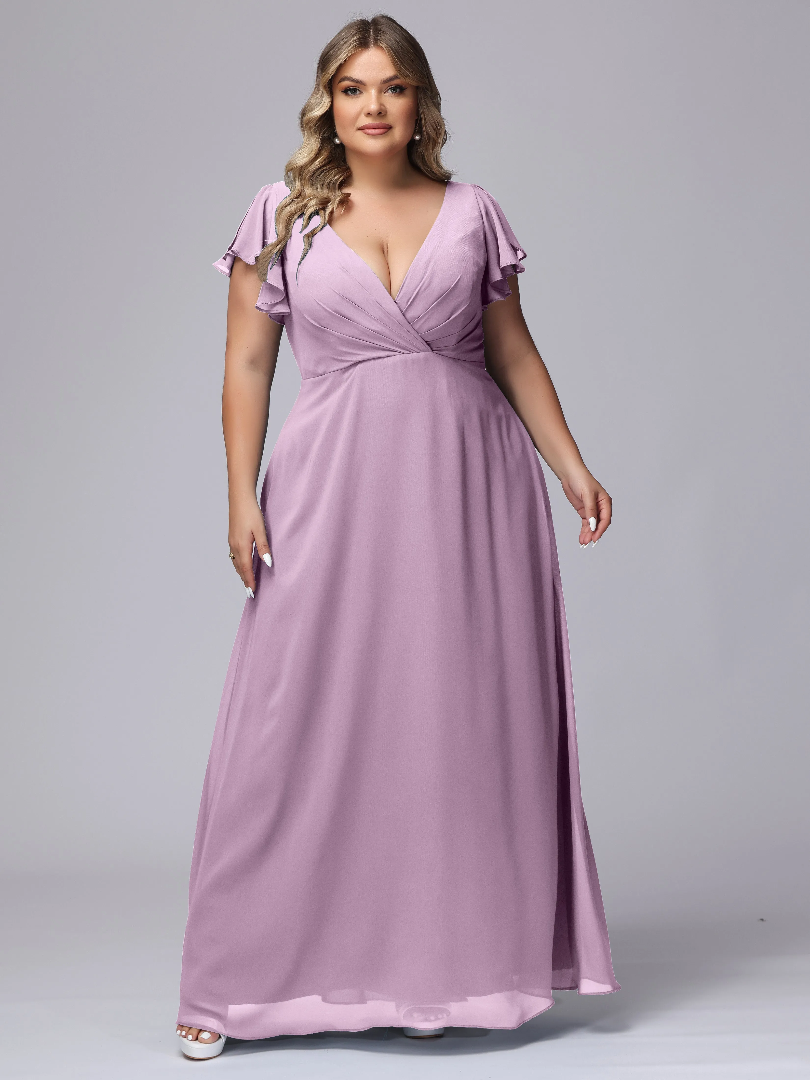 A-line Short Sleeves V-neck Chiffon Plus Size Long Bridesmaid Dresses