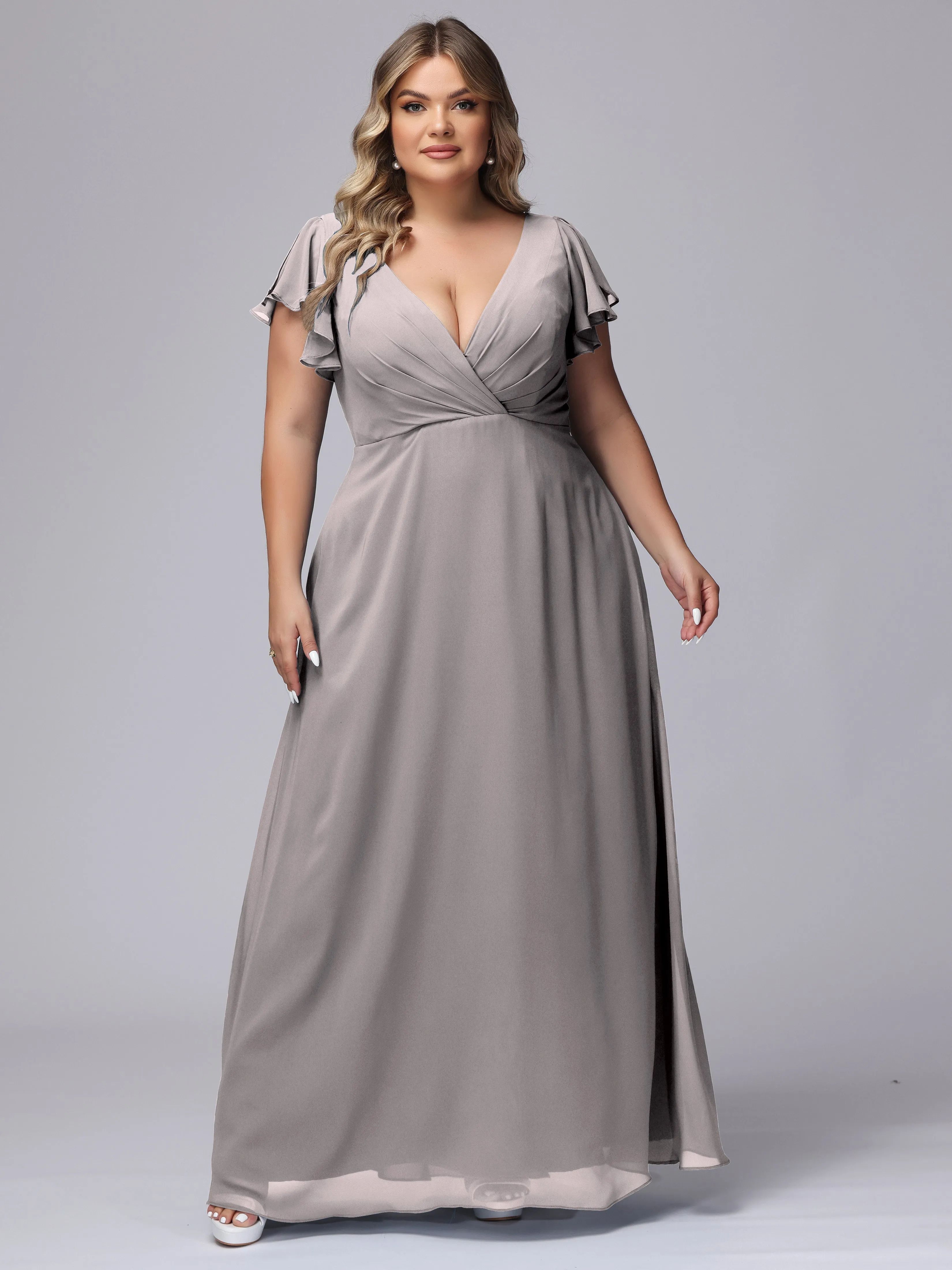 A-line Short Sleeves V-neck Chiffon Plus Size Long Bridesmaid Dresses