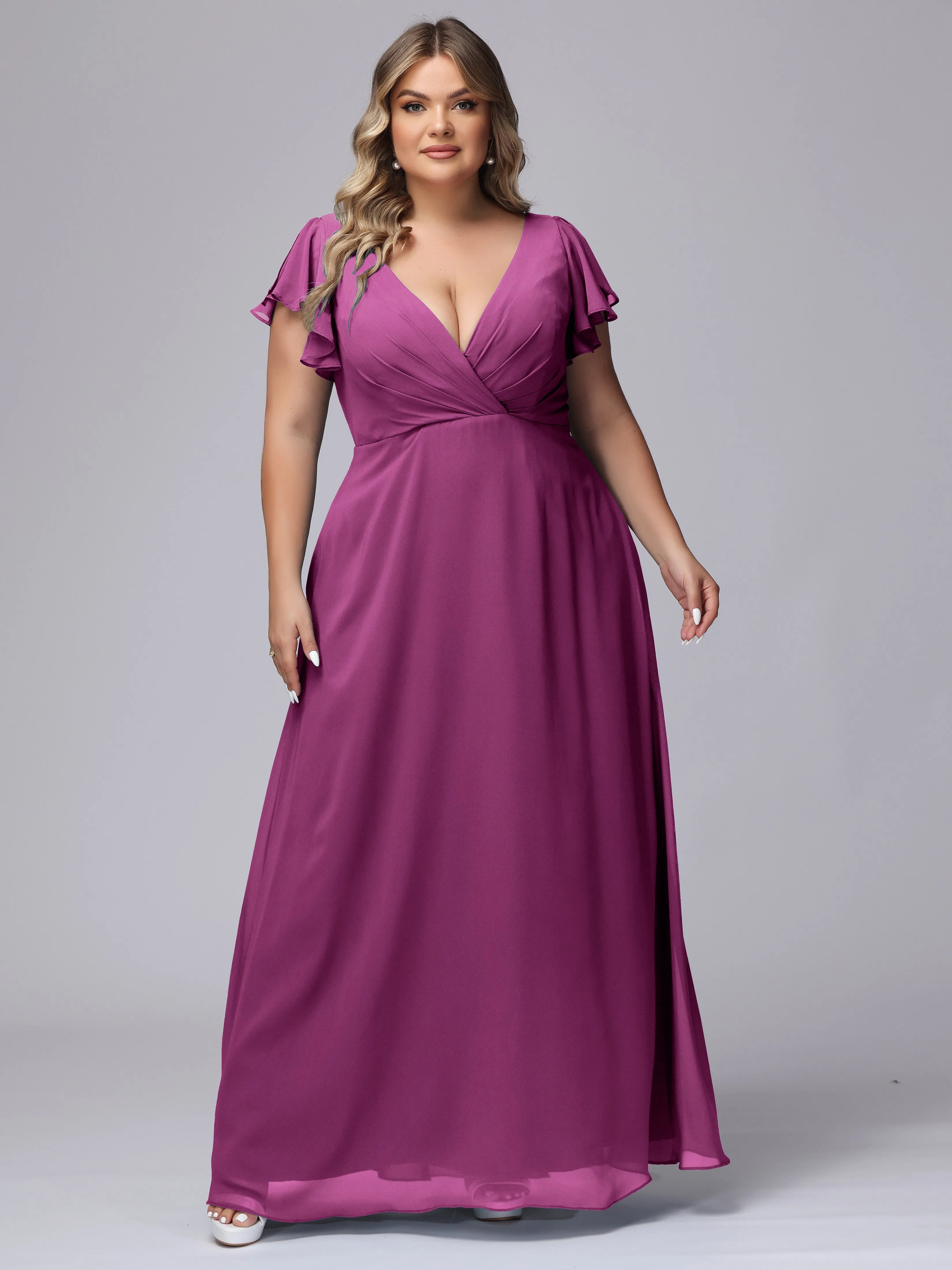 A-line Short Sleeves V-neck Chiffon Plus Size Long Bridesmaid Dresses