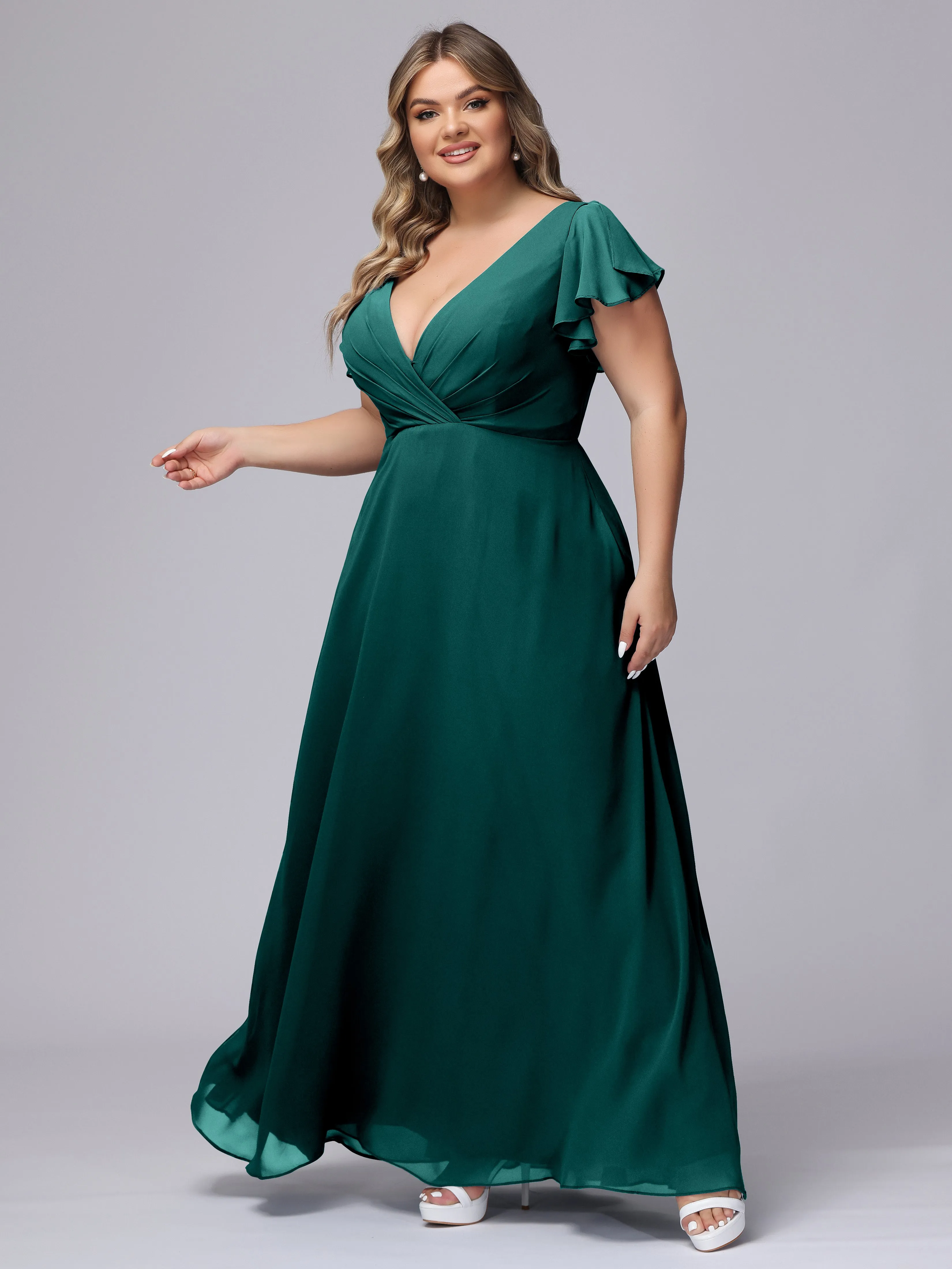 A-line Short Sleeves V-neck Chiffon Plus Size Long Bridesmaid Dresses