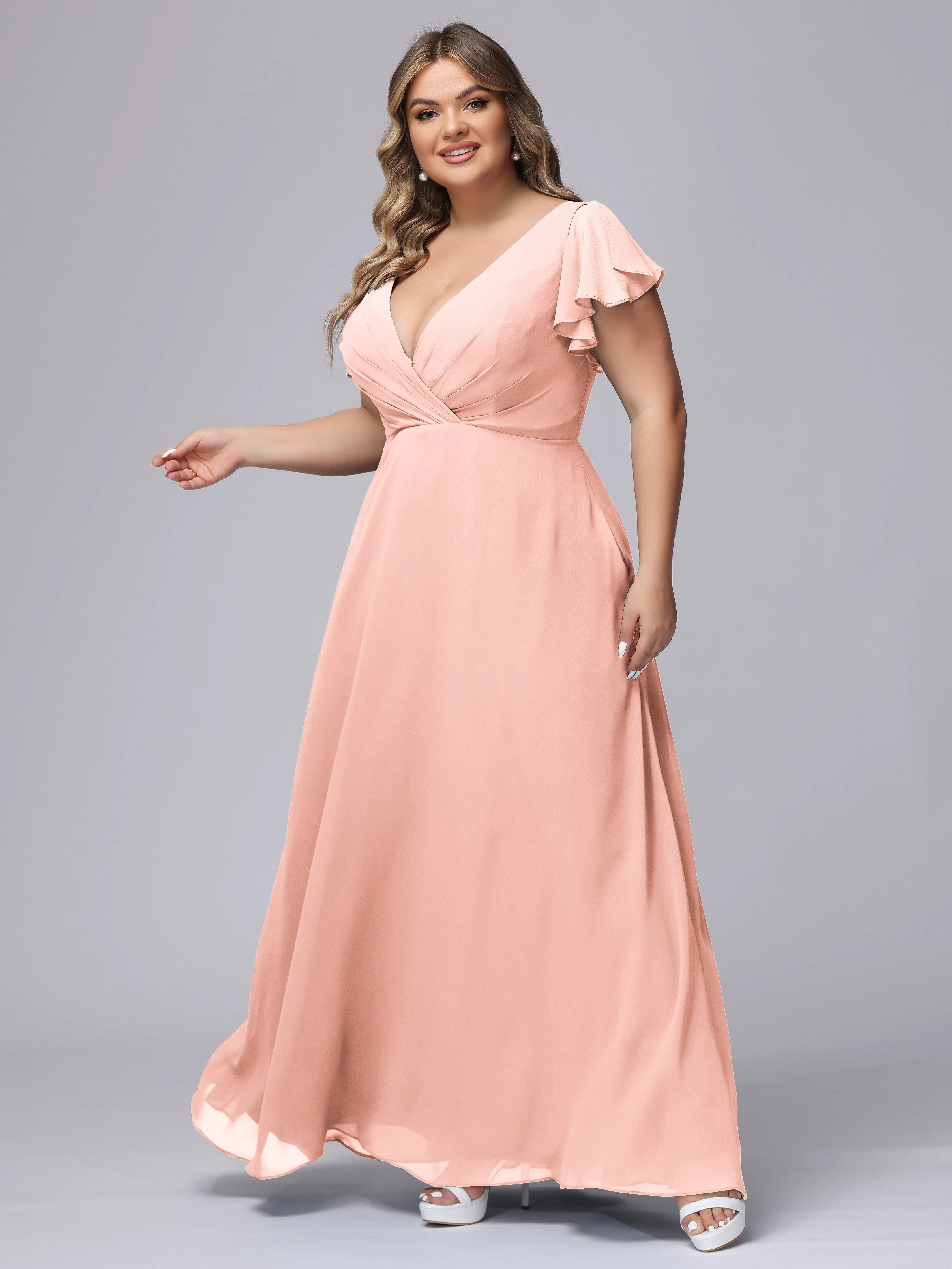 A-line Short Sleeves V-neck Chiffon Plus Size Long Bridesmaid Dresses