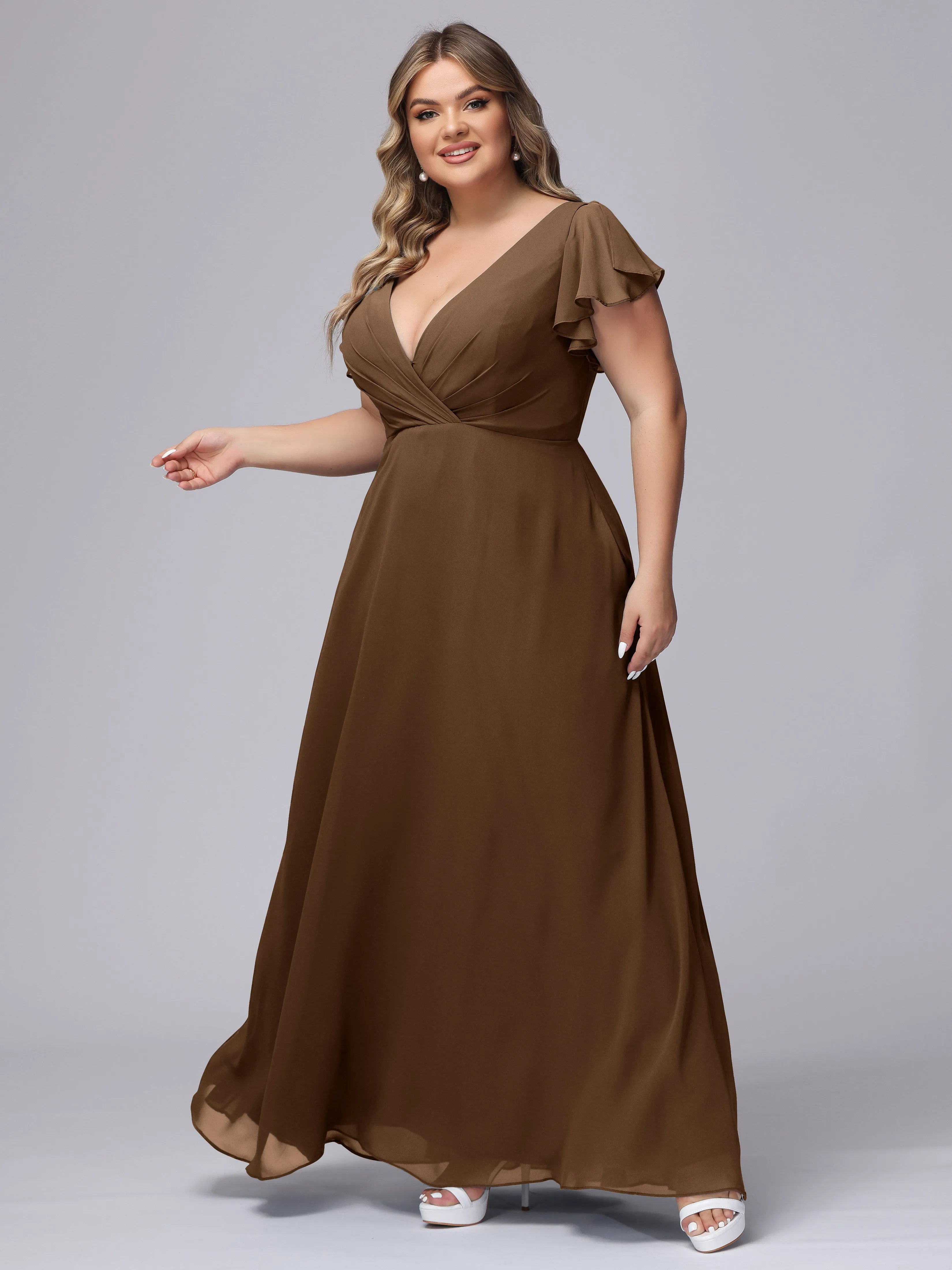 A-line Short Sleeves V-neck Chiffon Plus Size Long Bridesmaid Dresses