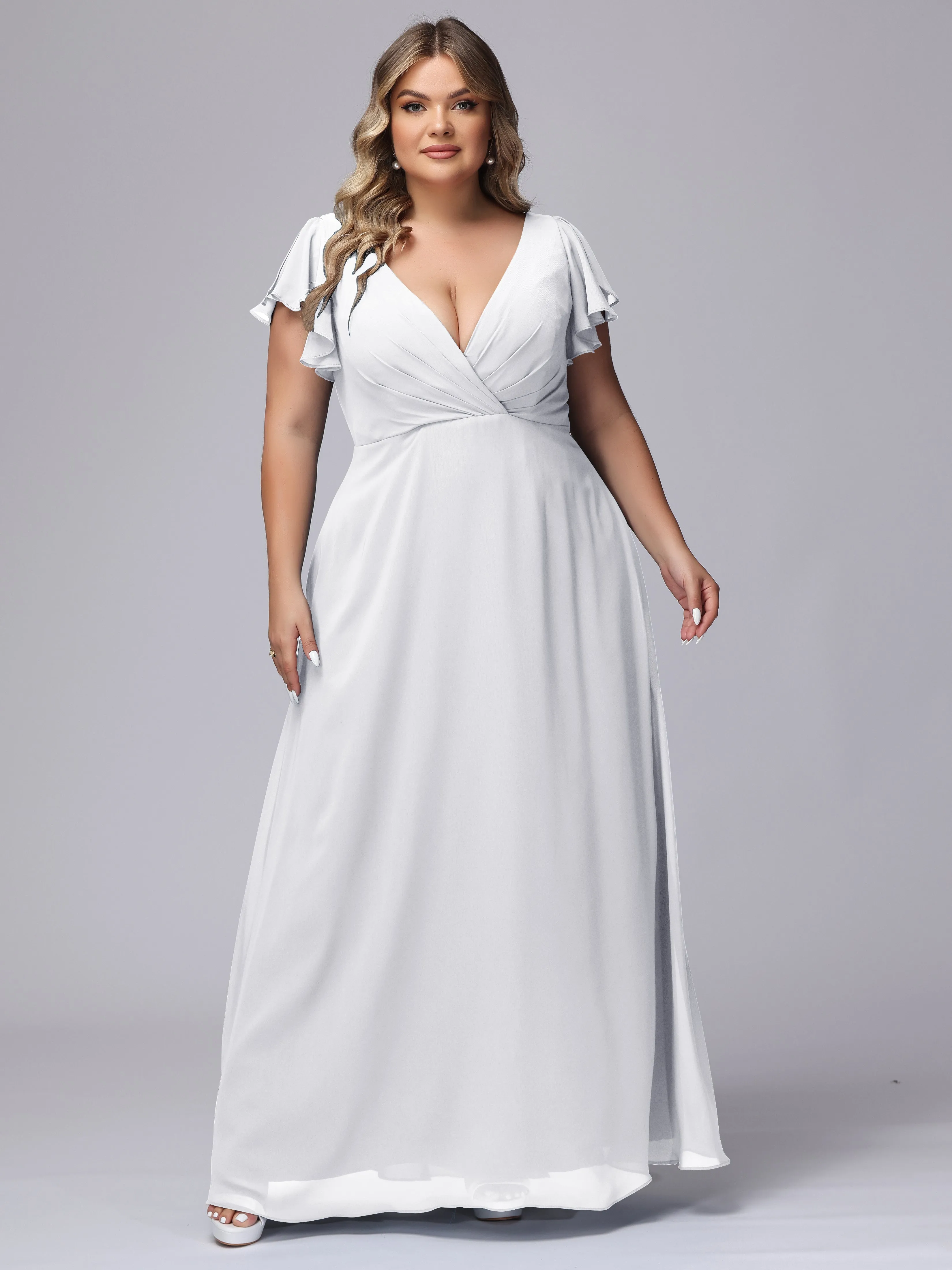 A-line Short Sleeves V-neck Chiffon Plus Size Long Bridesmaid Dresses