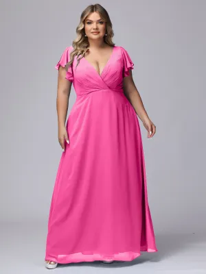 A-line Short Sleeves V-neck Chiffon Plus Size Long Bridesmaid Dresses