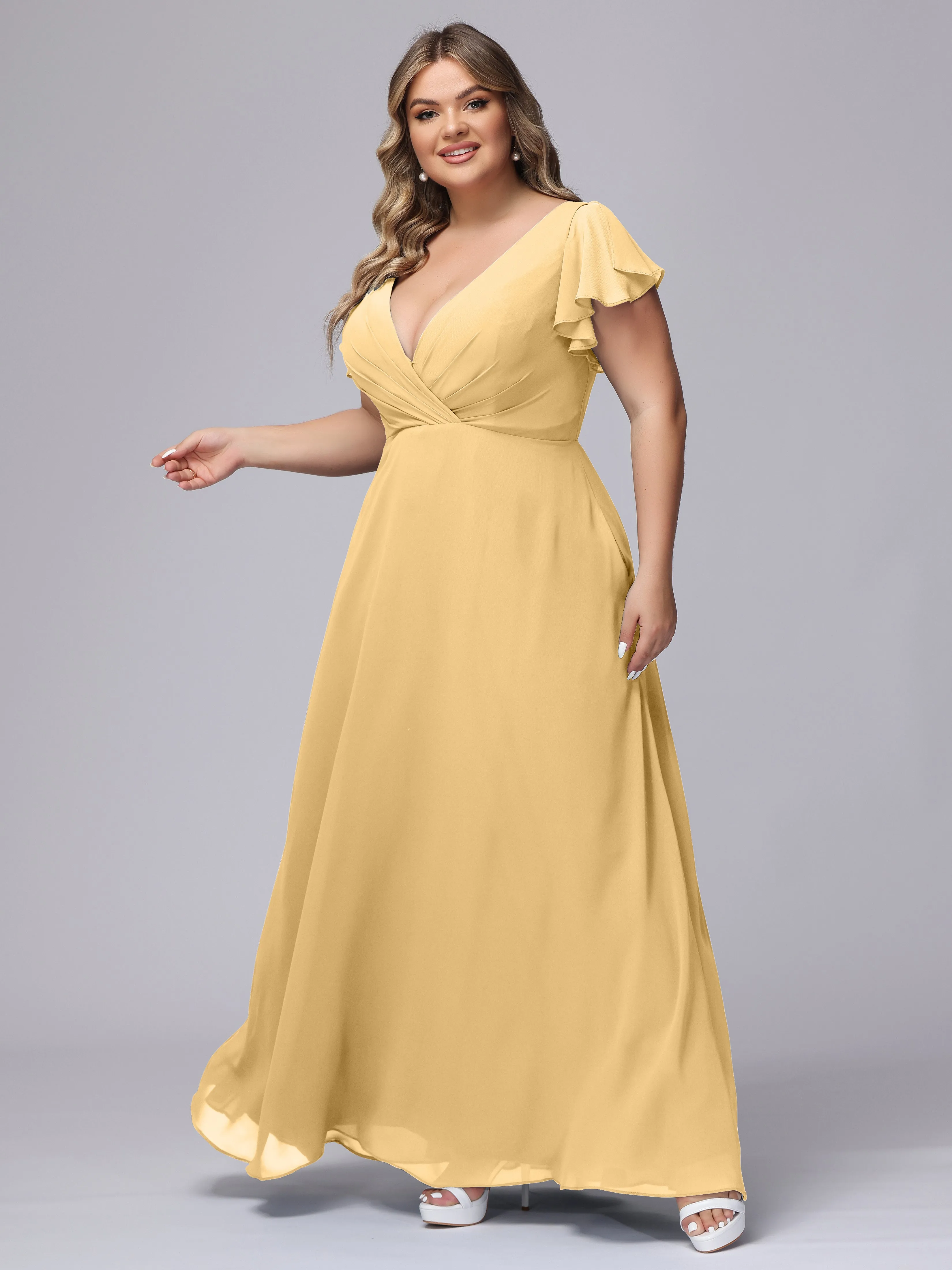 A-line Short Sleeves V-neck Chiffon Plus Size Long Bridesmaid Dresses