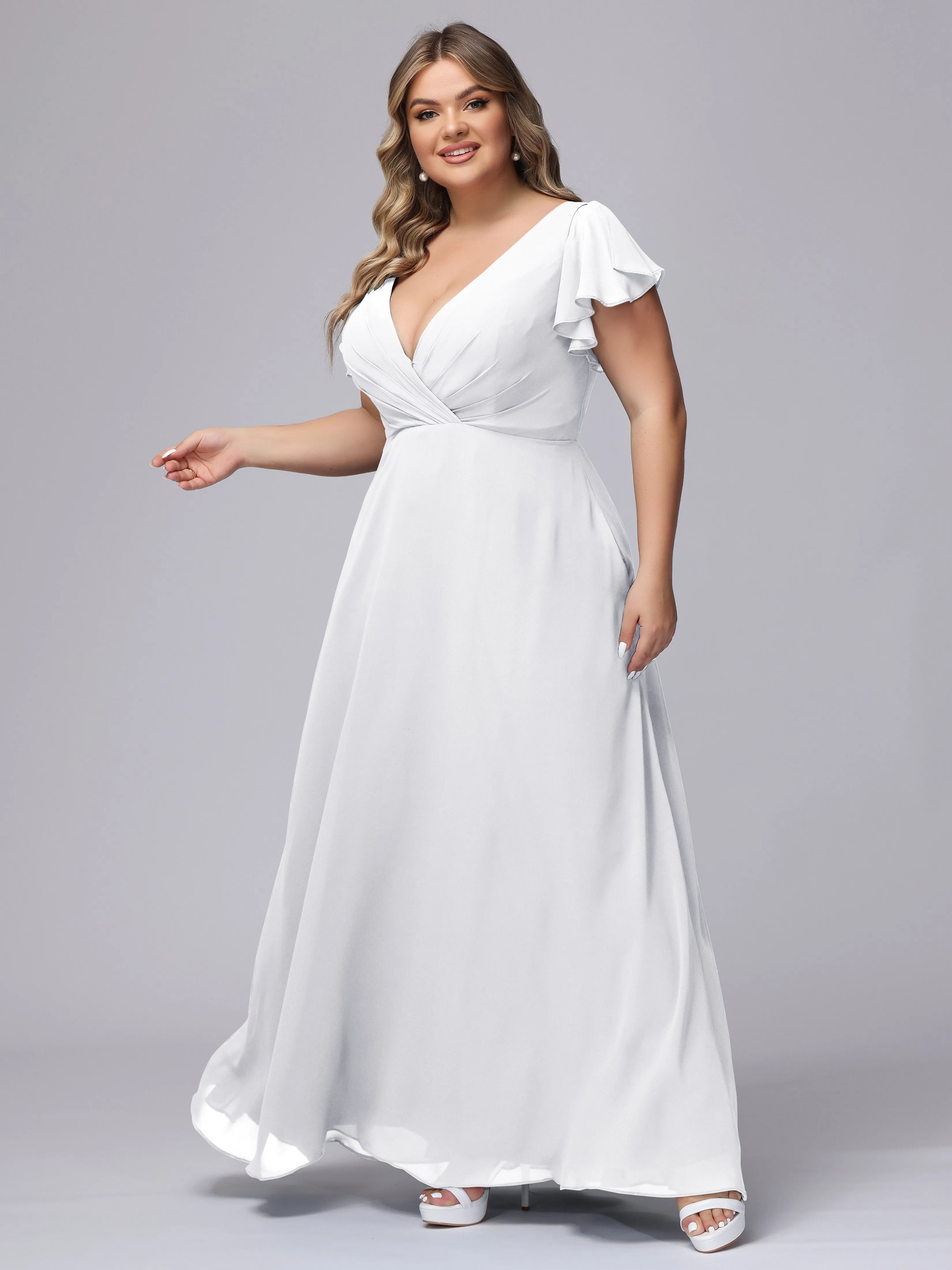 A-line Short Sleeves V-neck Chiffon Plus Size Long Bridesmaid Dresses