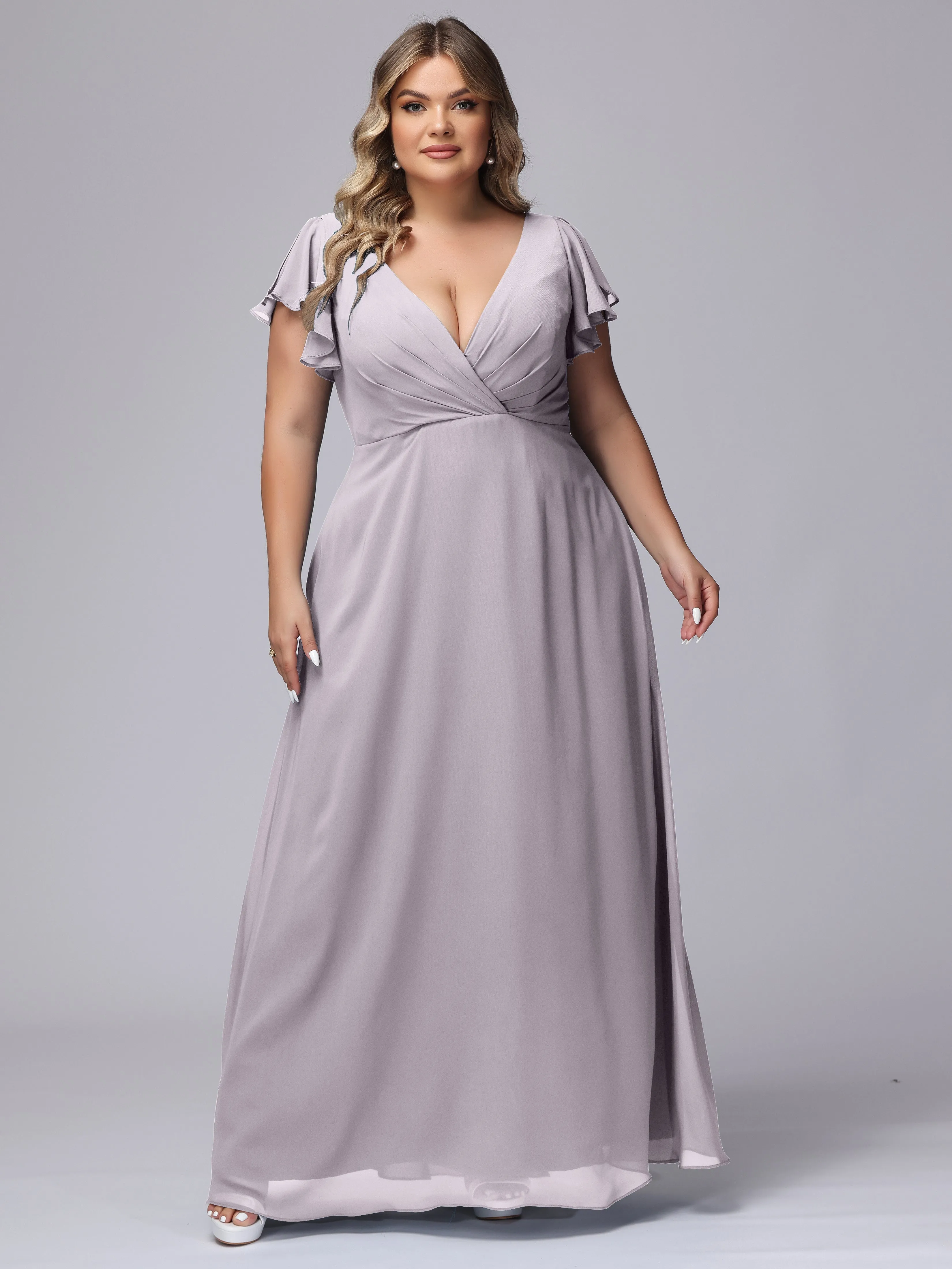 A-line Short Sleeves V-neck Chiffon Plus Size Long Bridesmaid Dresses