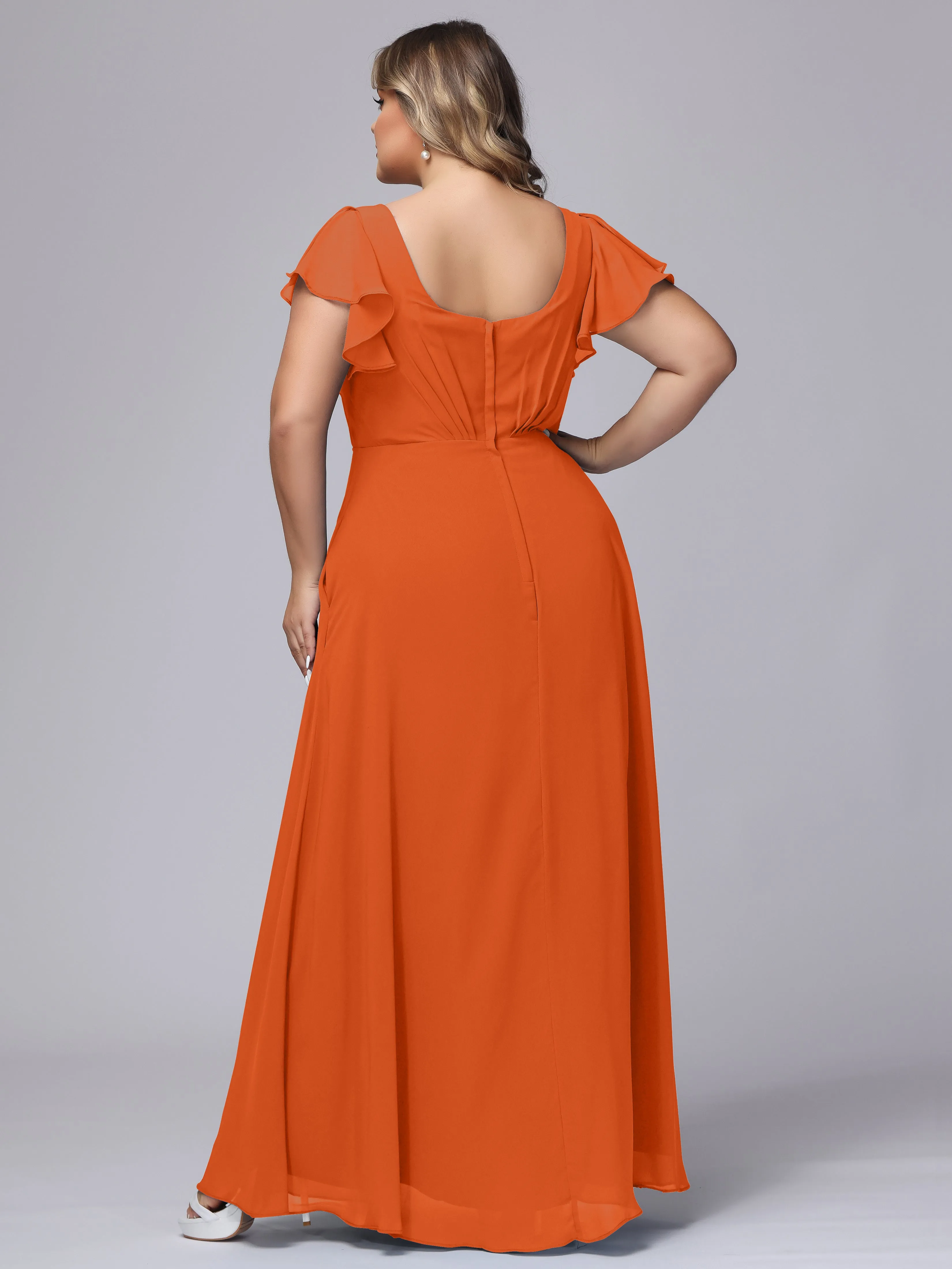 A-line Short Sleeves V-neck Chiffon Plus Size Long Bridesmaid Dresses