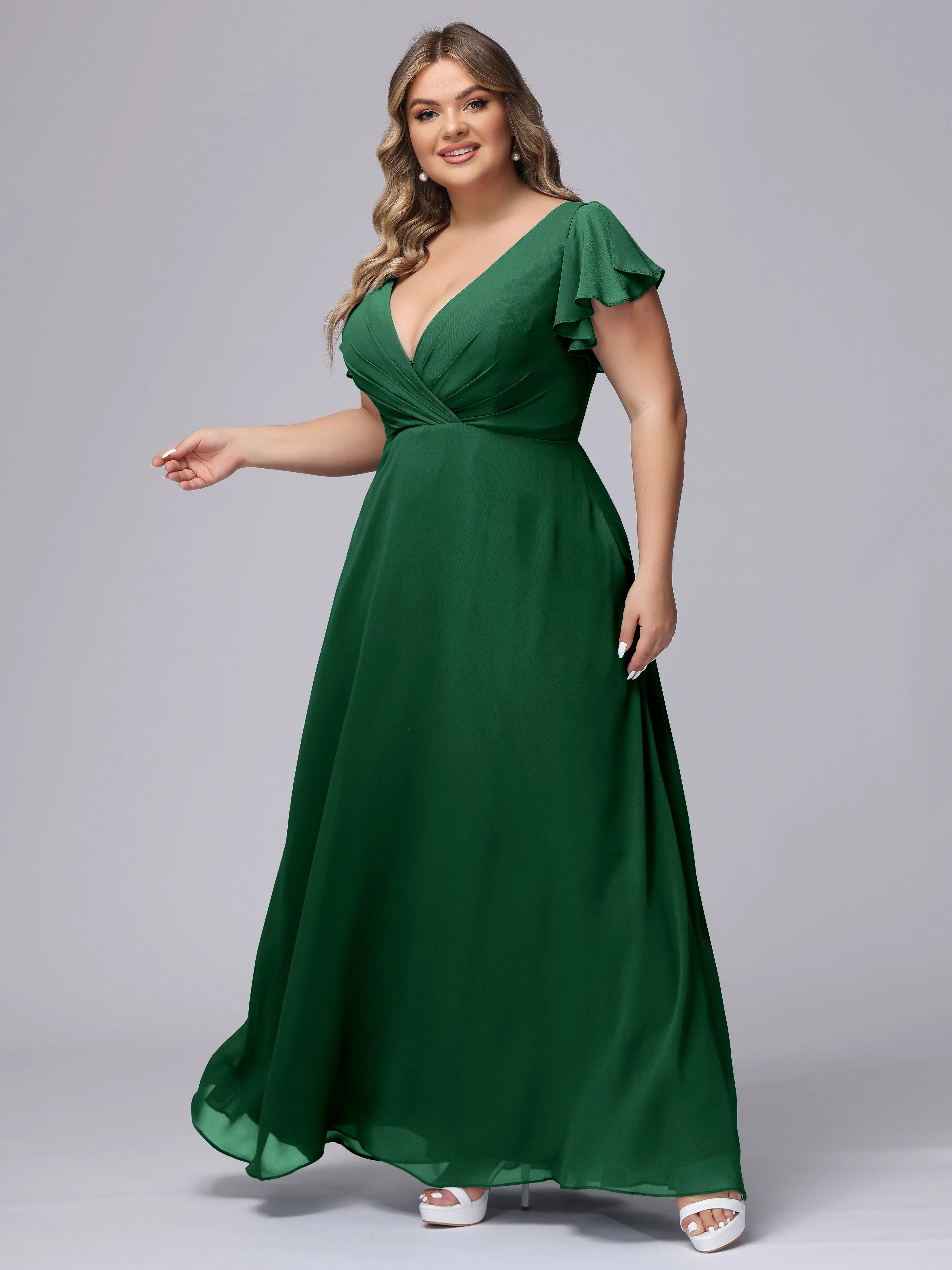 A-line Short Sleeves V-neck Chiffon Plus Size Long Bridesmaid Dresses