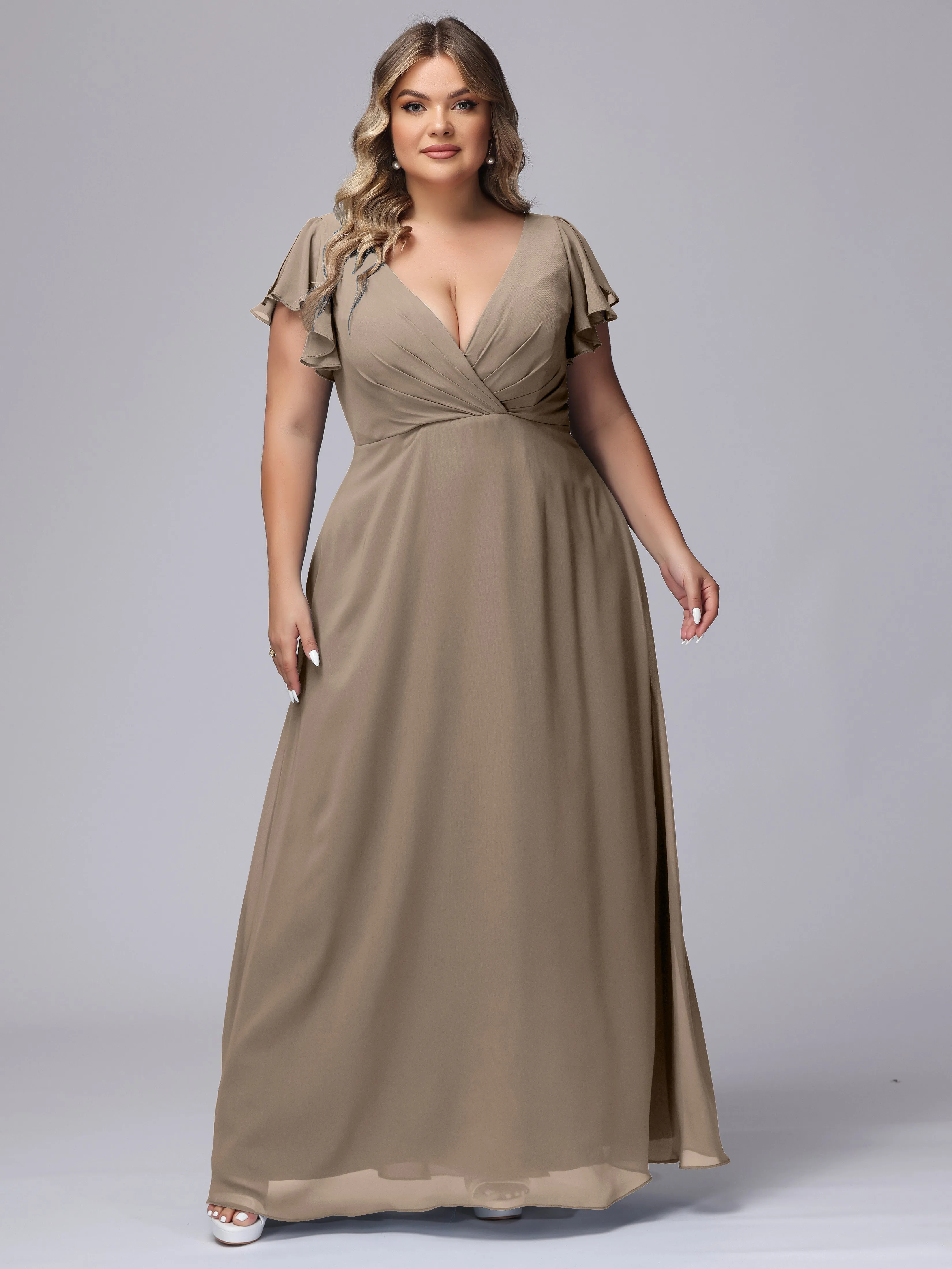 A-line Short Sleeves V-neck Chiffon Plus Size Long Bridesmaid Dresses