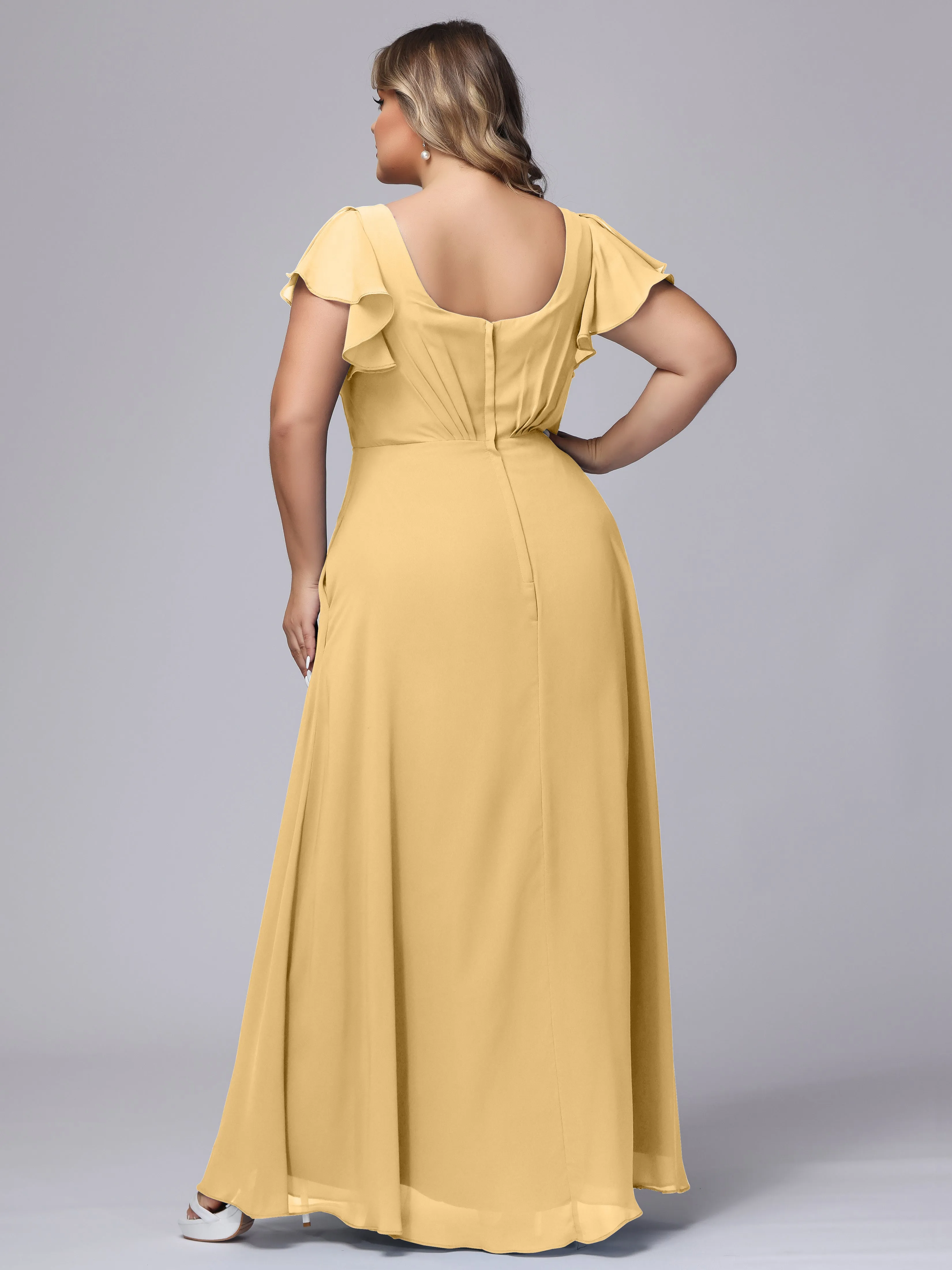 A-line Short Sleeves V-neck Chiffon Plus Size Long Bridesmaid Dresses