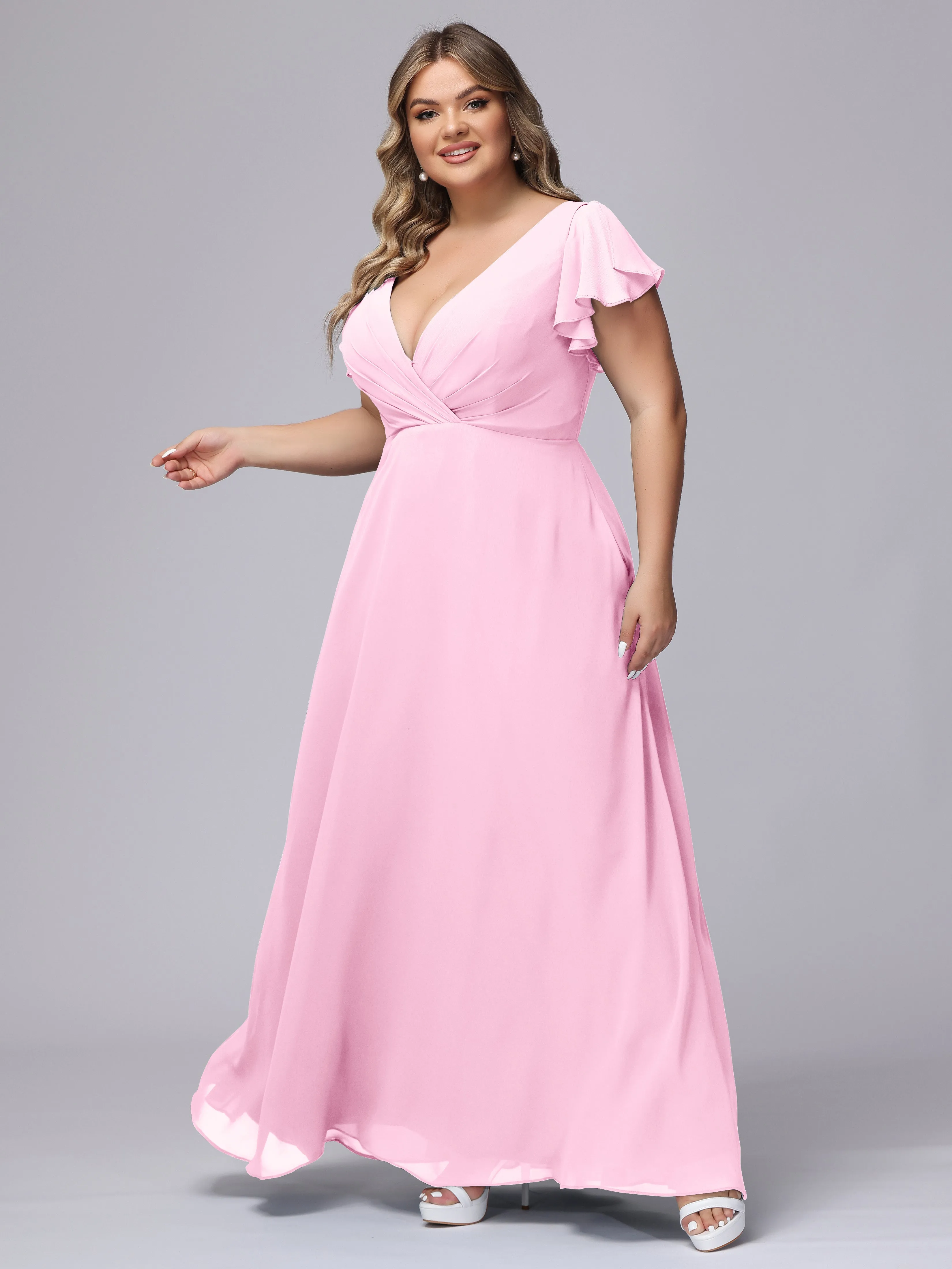 A-line Short Sleeves V-neck Chiffon Plus Size Long Bridesmaid Dresses