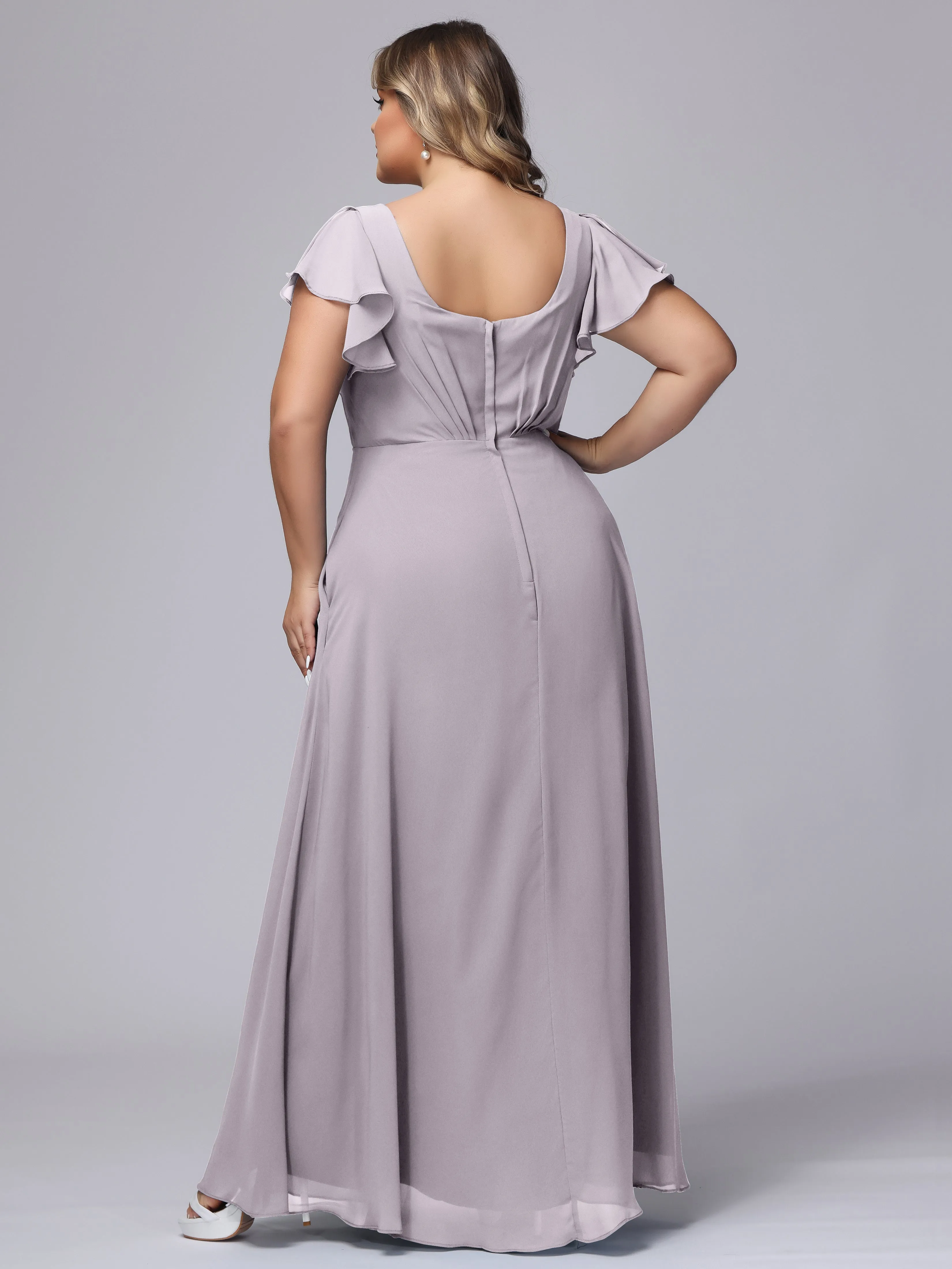 A-line Short Sleeves V-neck Chiffon Plus Size Long Bridesmaid Dresses