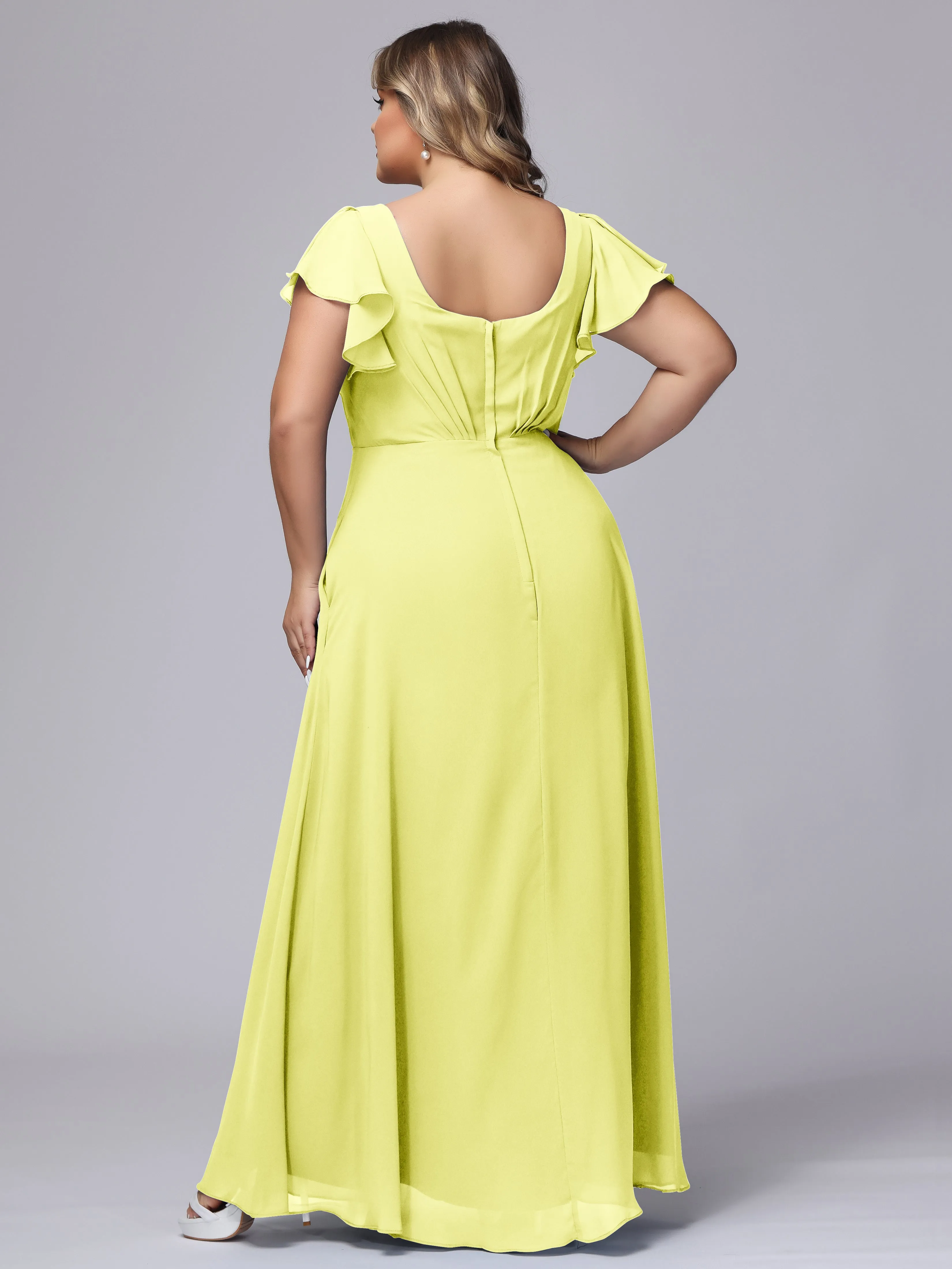 A-line Short Sleeves V-neck Chiffon Plus Size Long Bridesmaid Dresses