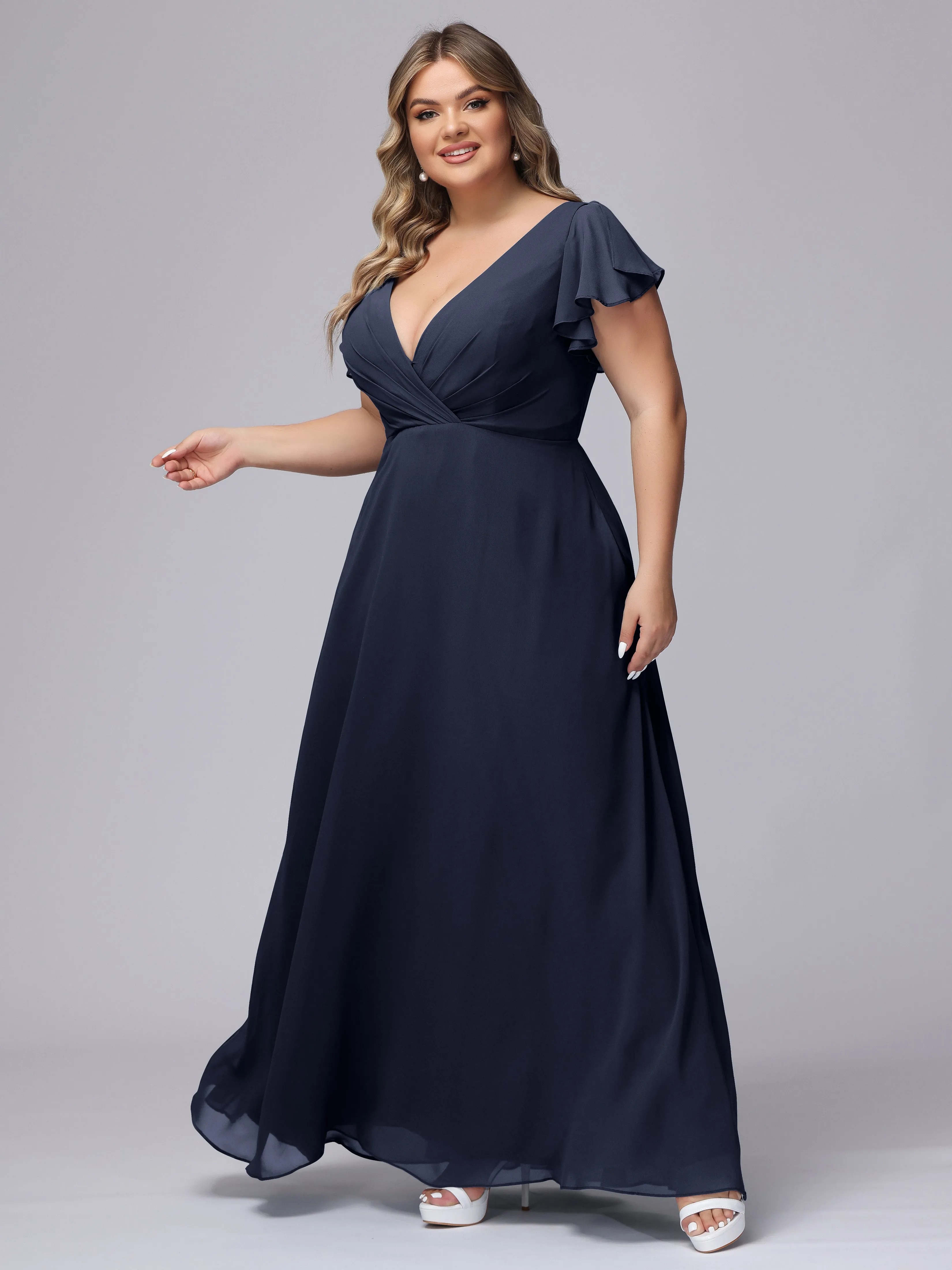 A-line Short Sleeves V-neck Chiffon Plus Size Long Bridesmaid Dresses