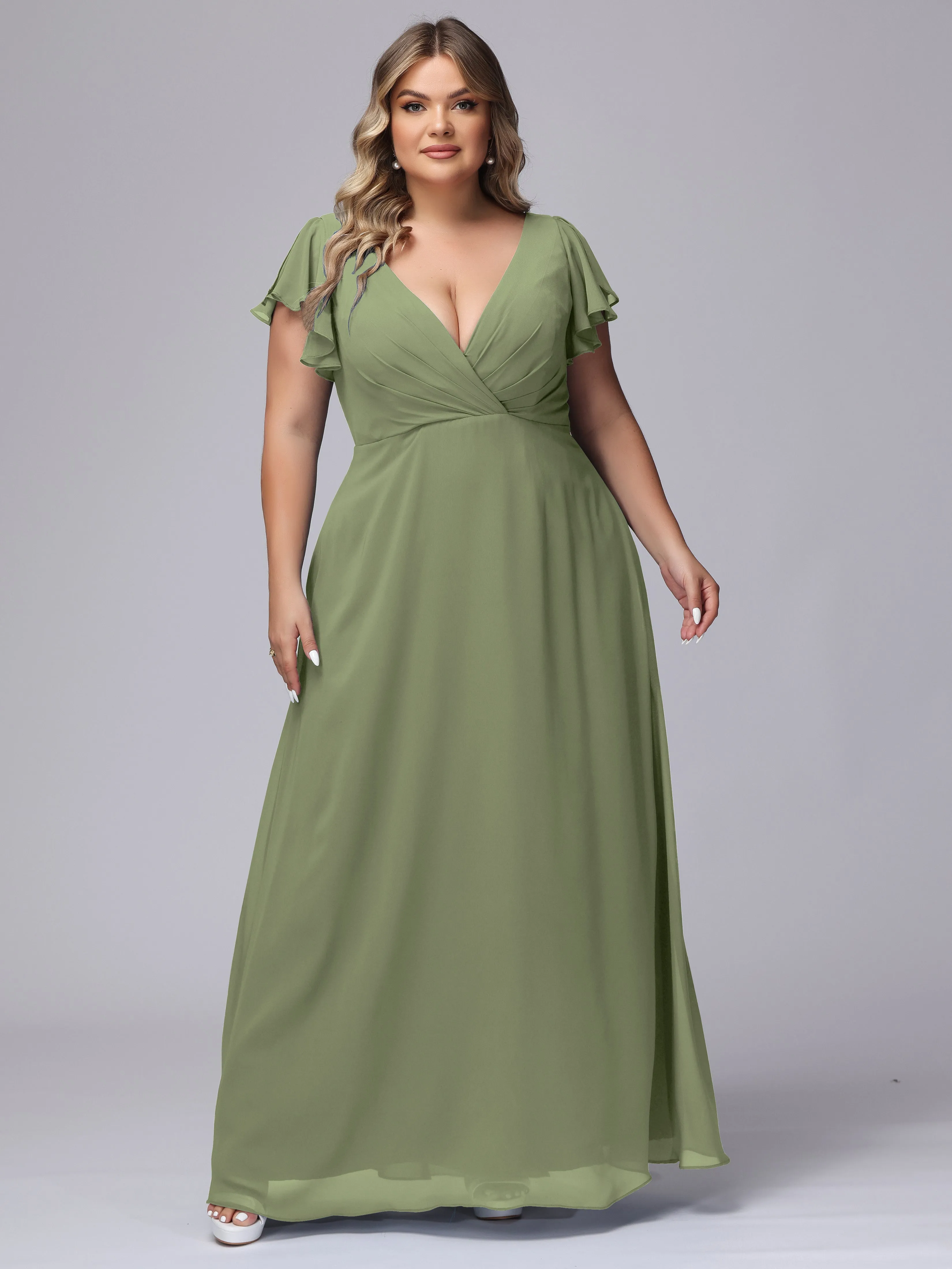 A-line Short Sleeves V-neck Chiffon Plus Size Long Bridesmaid Dresses