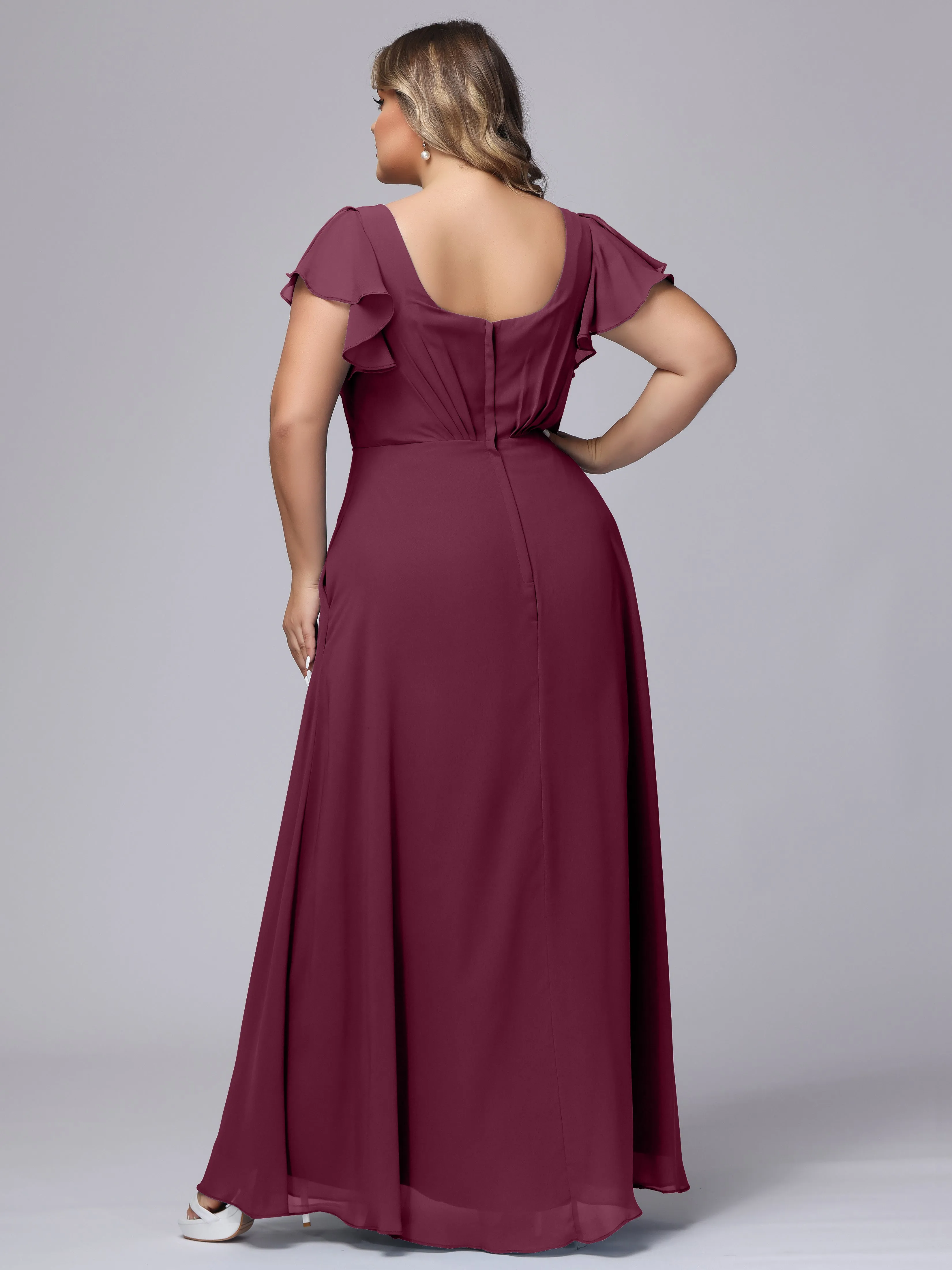 A-line Short Sleeves V-neck Chiffon Plus Size Long Bridesmaid Dresses