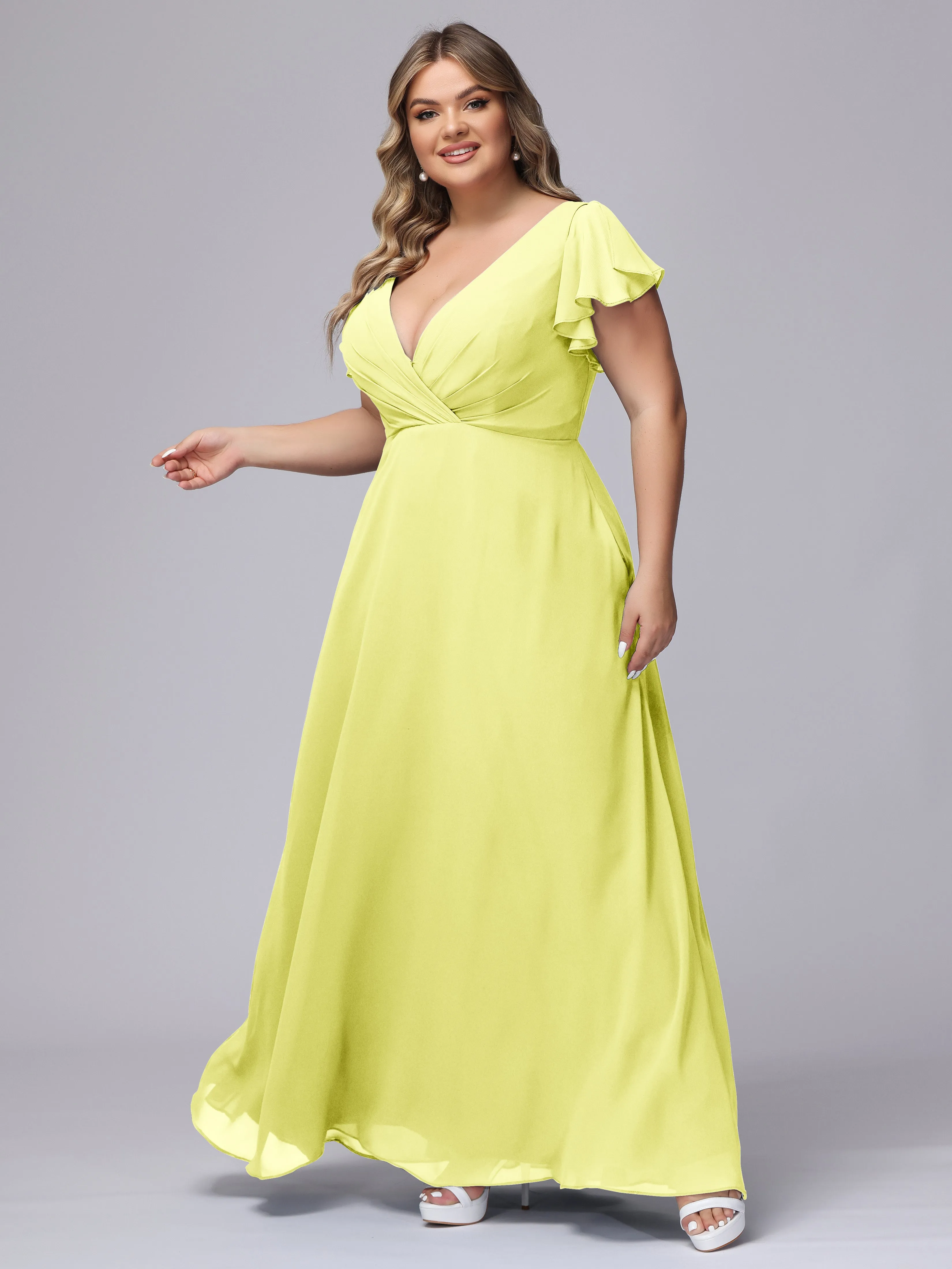 A-line Short Sleeves V-neck Chiffon Plus Size Long Bridesmaid Dresses